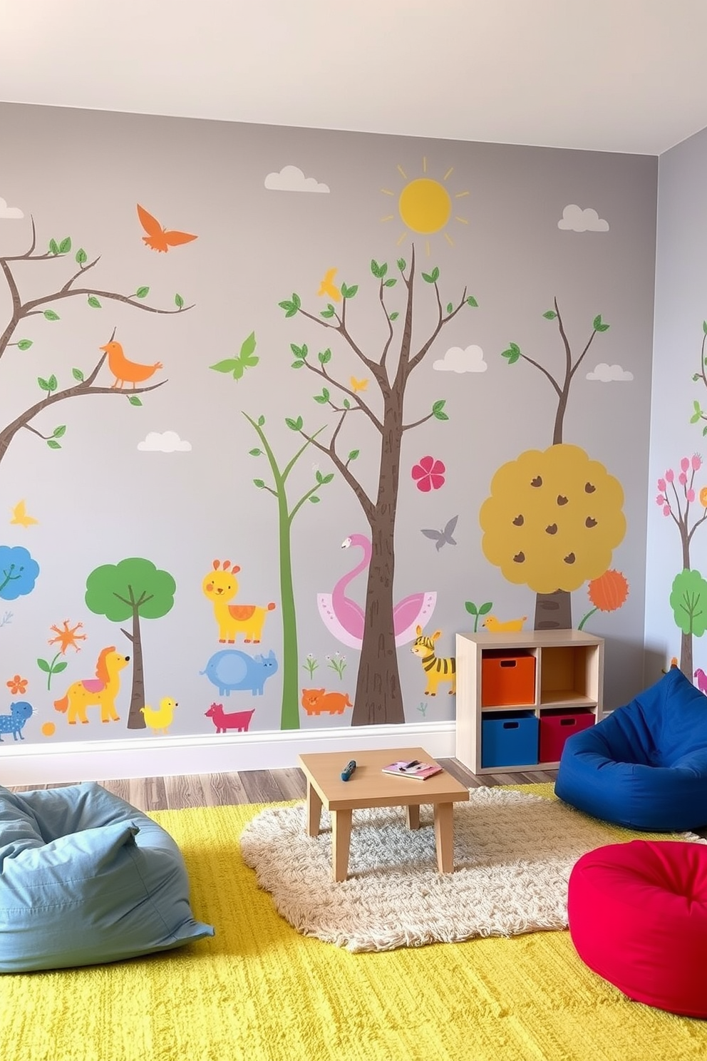 A vibrant gray wall mural featuring playful animals and whimsical trees creates an engaging atmosphere for kids. The playroom is filled with colorful furniture, including a soft rug, bean bags, and a low table for creative activities.