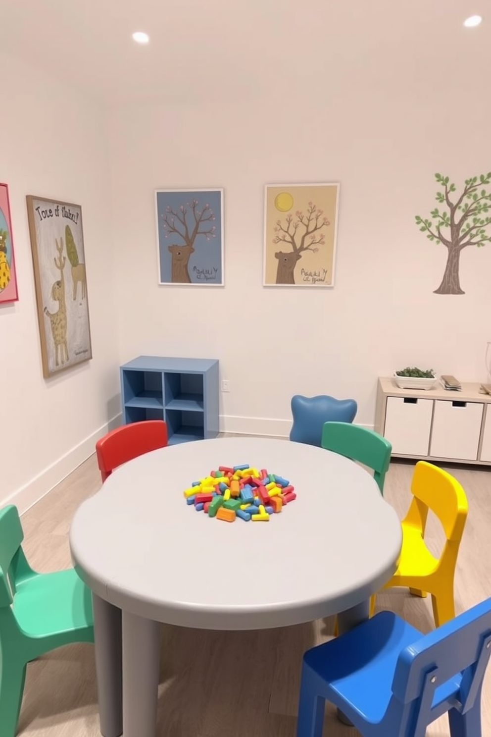 A gray play table is surrounded by colorful chairs in a bright and cheerful playroom. The walls are painted in soft pastel shades, and playful artwork adorns the space, creating an inviting atmosphere for children.