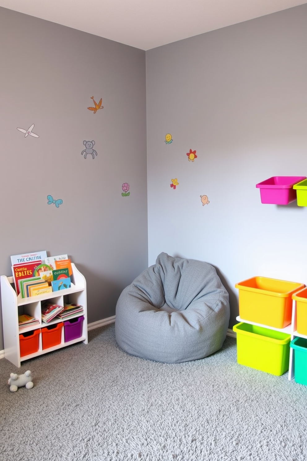 A playful gray playroom filled with vibrant colors and textures. The walls are adorned with whimsical decals, and a soft gray carpet covers the floor. In one corner, a cozy reading nook features a plush gray bean bag and a small bookshelf overflowing with colorful children's books. Brightly colored storage bins are neatly arranged along the walls, providing a fun and organized space for toys.