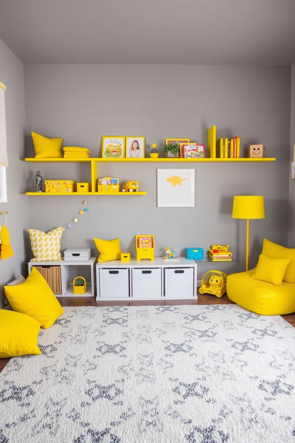 A playful gray playroom filled with bright yellow decor accents. Soft gray walls create a cozy atmosphere, while yellow cushions and toys add vibrant splashes of color throughout the space. A large gray area rug anchors the room, providing a comfortable play surface. Shelves painted in yellow display books and games, inviting creativity and fun.