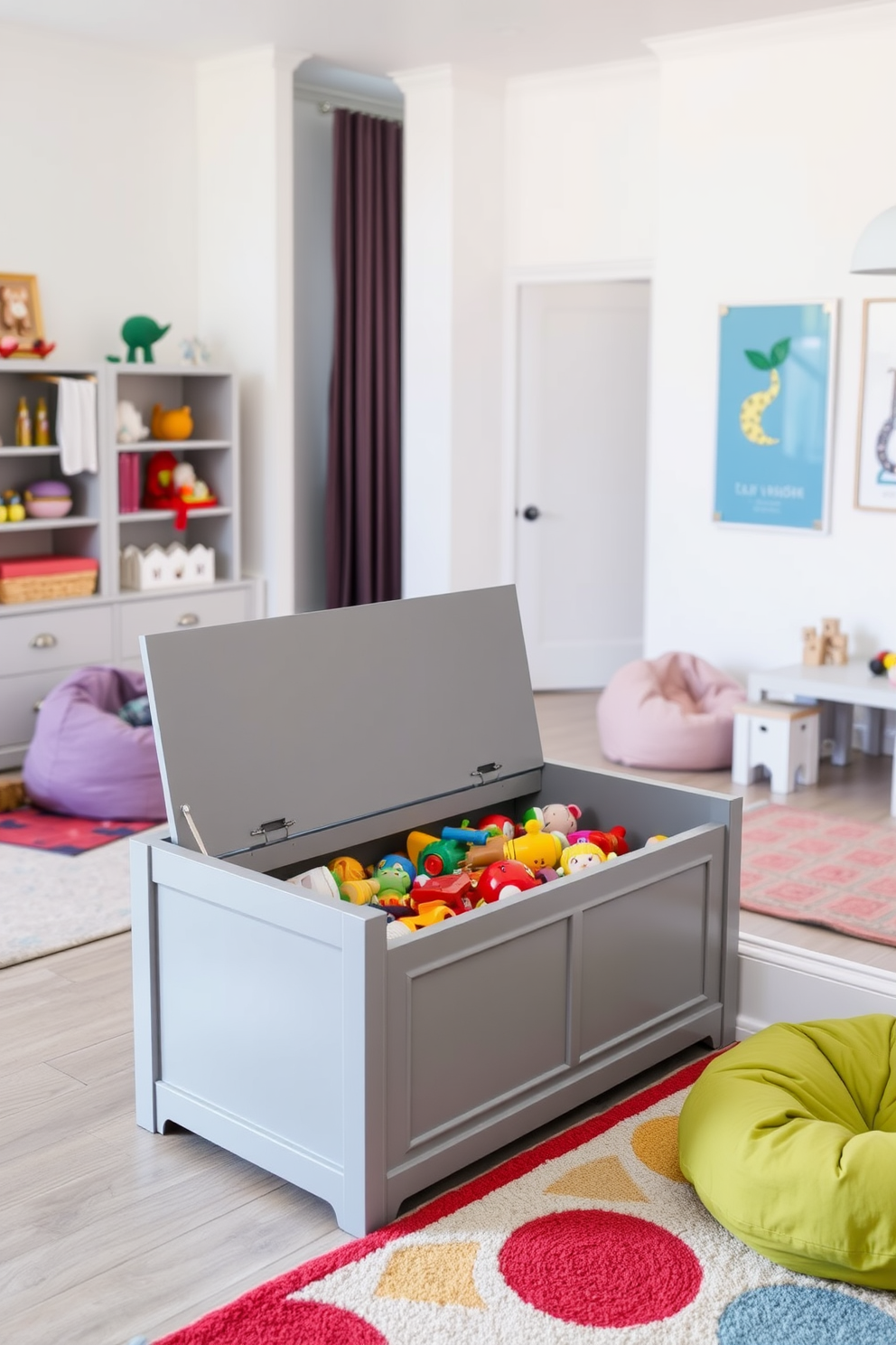 A gray toy chest sits prominently in the corner of a spacious playroom. The chest features a soft-close lid and ample storage for toys, promoting easy access for children. The playroom is designed with a light gray color palette, accented by colorful rugs and playful wall art. Cozy seating areas with bean bags and a small table create a welcoming environment for play and creativity.