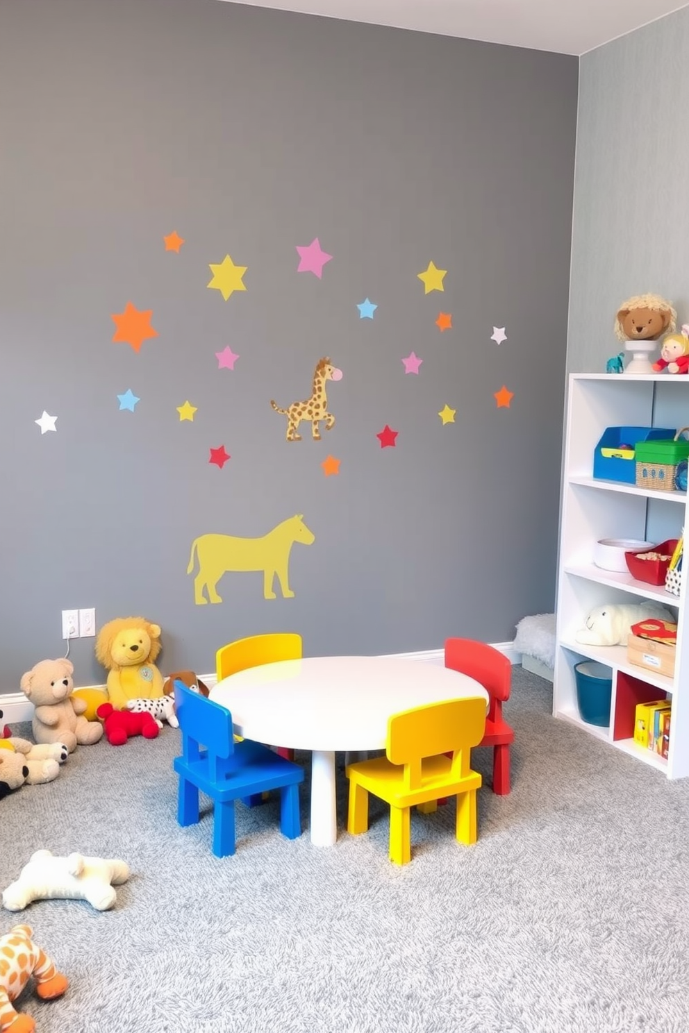 A playful playroom designed with a gray accent wall adorned with colorful decals featuring animals and shapes. The room includes a soft gray carpet, a variety of plush toys scattered around, and a low table surrounded by bright, child-sized chairs.