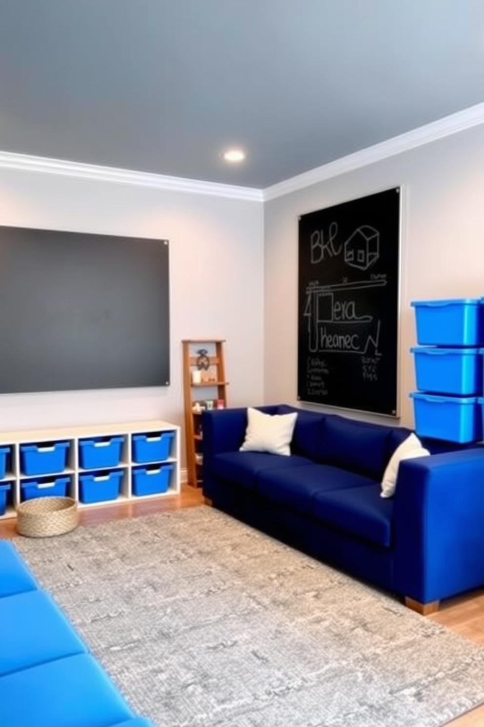 A modern playroom designed with a gray and blue color scheme. The walls are painted in a soft gray, and the furniture includes a blue sectional sofa and a gray area rug. Bright blue storage bins are neatly arranged along the wall, providing a playful contrast. A large gray chalkboard is mounted on one wall, encouraging creativity and fun activities.