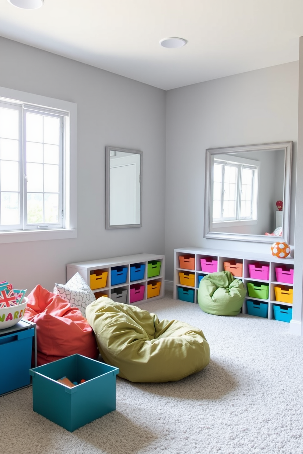 A playful gray playroom featuring soft gray walls and a plush carpet in a lighter shade. The room is filled with colorful storage bins and a cozy reading nook with bean bags in vibrant hues. Gray framed mirrors are strategically placed to enhance the sense of space and light. A large window allows natural light to flood in, illuminating the playful decor and creating an inviting atmosphere.