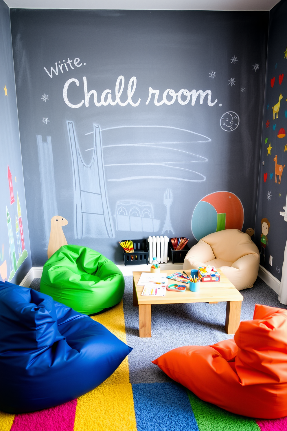 A playful playroom designed with a gray chalkboard wall that invites creativity and imagination. The space features colorful bean bags scattered around, a low wooden table with art supplies, and vibrant wall decals that enhance the playful atmosphere.