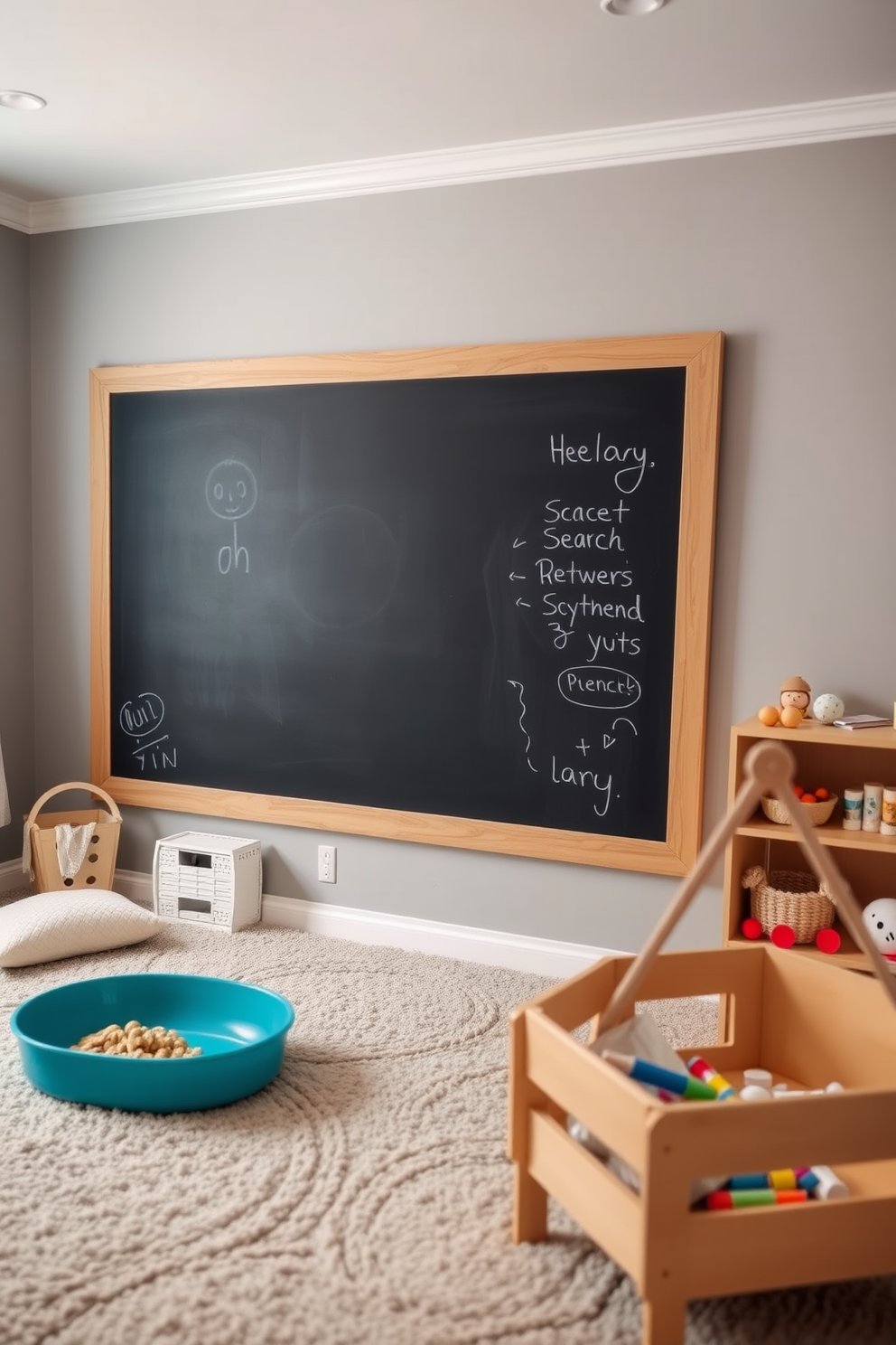 A playful playroom setting featuring a large wall-mounted chalkboard framed in natural wood. The room is filled with soft gray walls and a cozy carpet, creating a warm and inviting atmosphere for creativity and fun.