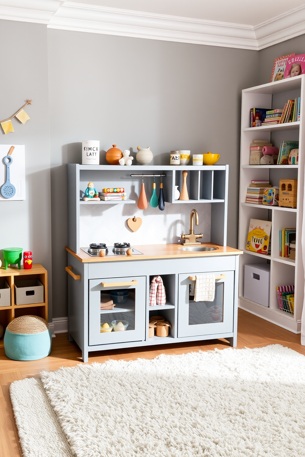 A charming gray play kitchen designed for imaginative cooking. The kitchen features a wooden play stove with knobs, a sink with a faucet, and ample storage for pretend food and utensils. The playroom is filled with soft gray walls and colorful accents to inspire creativity. Plush rugs cover the floor, and shelves are lined with toys and books to encourage play and learning.