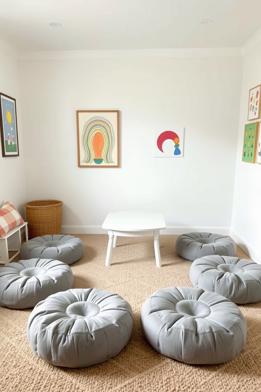 A cozy playroom featuring soft gray poufs arranged around a low white table. The walls are painted in a light pastel color, and colorful artwork is displayed to inspire creativity.