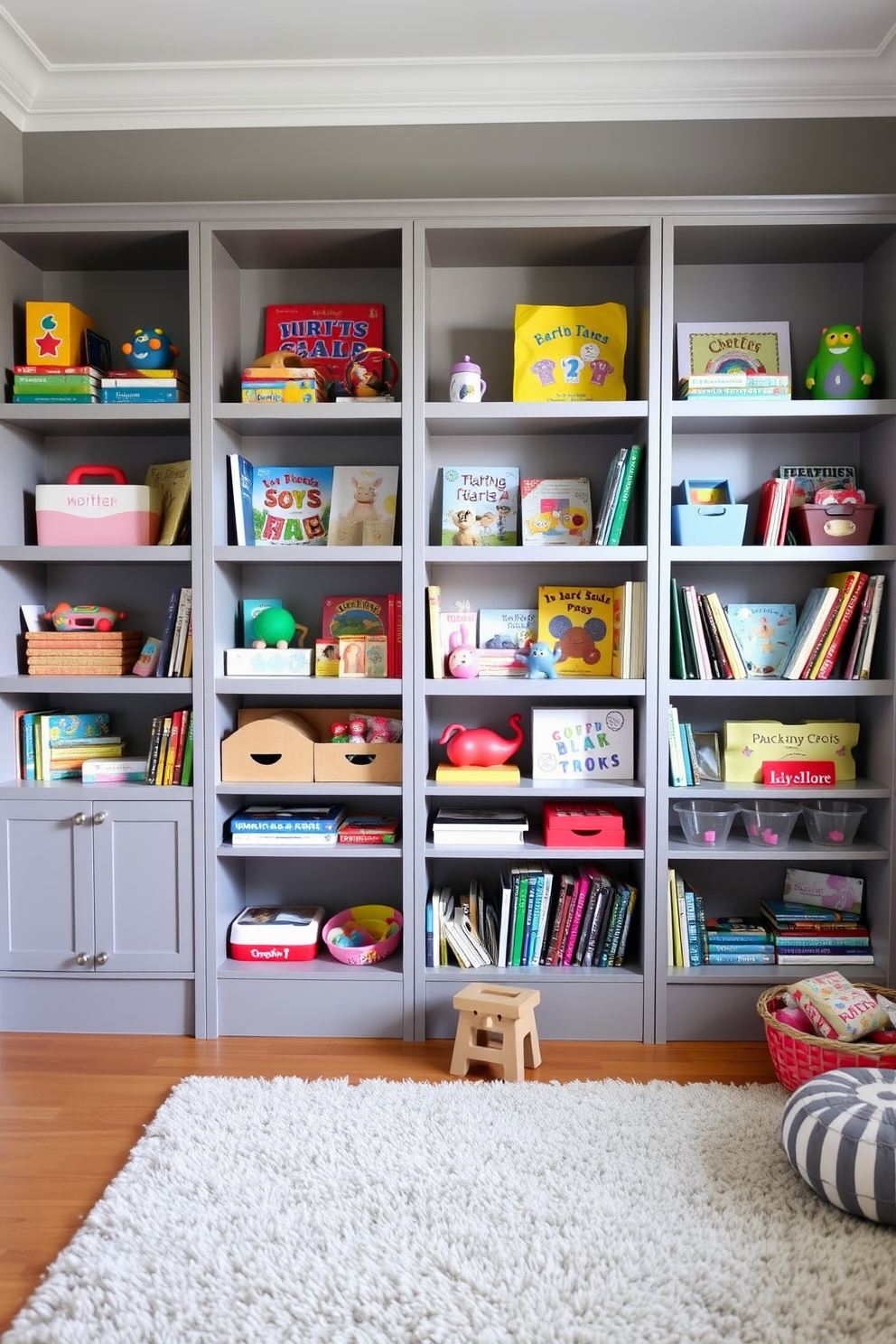 A playful gray playroom features stylish gray bookshelves filled with an array of colorful toys and books. The walls are painted in a soft gray hue, creating a cozy atmosphere, while a plush area rug adds comfort underfoot.