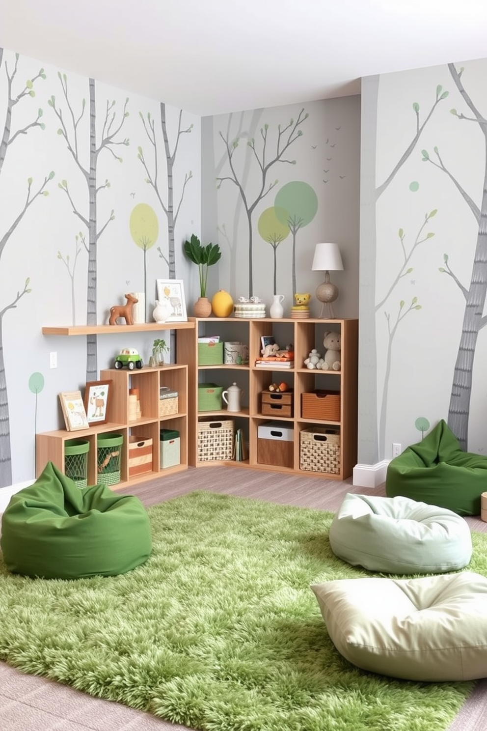 A serene playroom filled with gray and green nature-themed decor. The walls are painted a soft gray, adorned with whimsical forest murals featuring trees and animals. A plush green rug covers the floor, providing a cozy play area for children. Shelves are lined with nature-inspired toys and books, while bean bags in various shades of green offer comfortable seating.