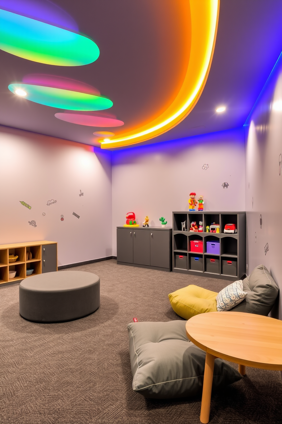 A modern play area designed in shades of gray featuring soft carpeting and playful furniture. Colorful LED lighting installed along the ceiling creates a vibrant atmosphere, enhancing the playful environment. The walls are adorned with whimsical decals and storage solutions that keep toys organized yet accessible. A cozy reading nook with bean bags invites children to relax and explore their imagination.