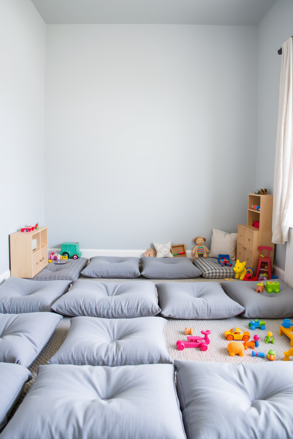 A playful gray playroom filled with soft gray floor cushions arranged for relaxed seating. The walls are painted in a light pastel color, and colorful toys are scattered around, creating a vibrant and inviting atmosphere.