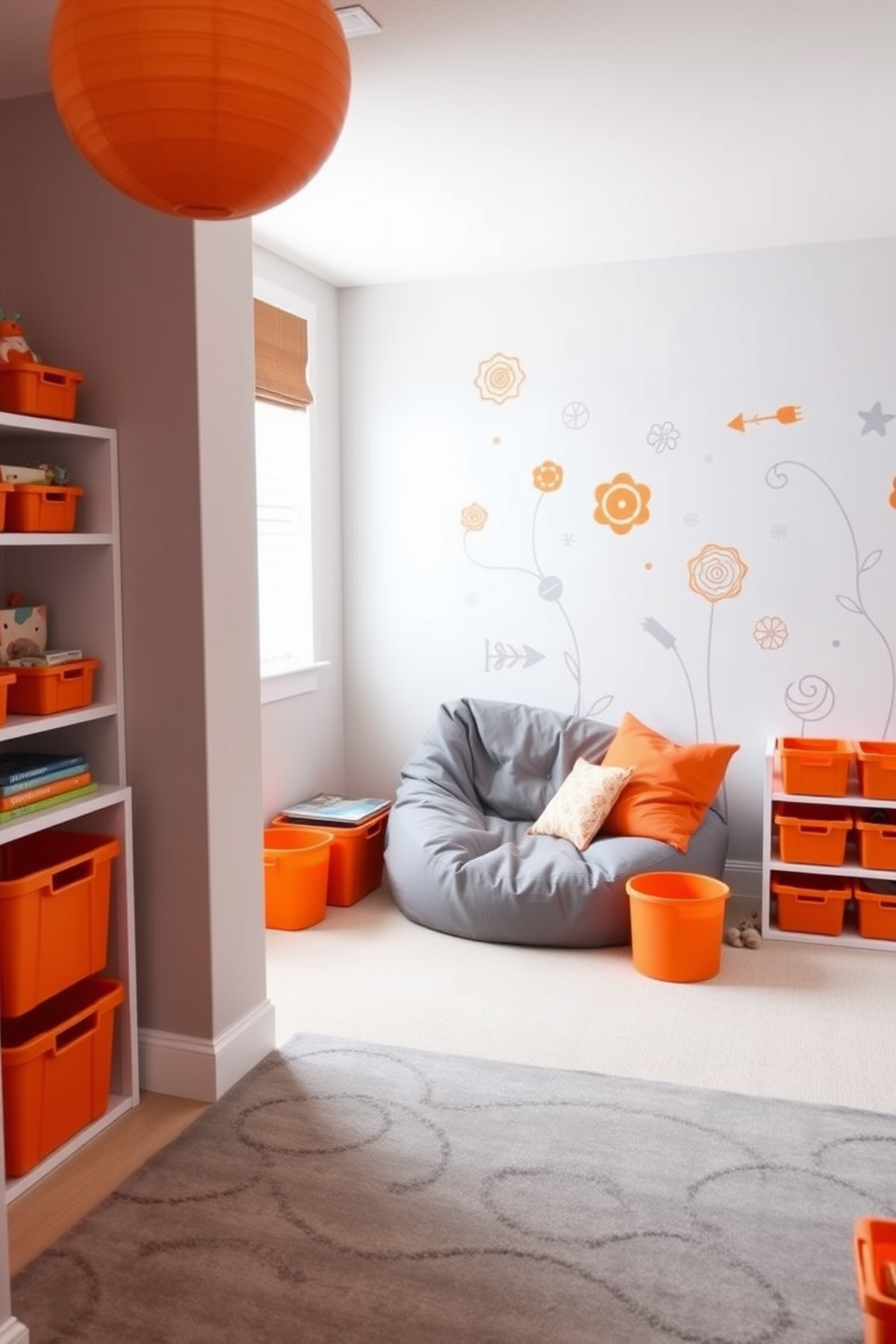 A playful playroom featuring a soft gray wall color complemented by bright orange accents throughout the space. The room includes a cozy reading nook with a gray bean bag chair and vibrant orange throw pillows, creating an inviting atmosphere for children. Brightly colored storage bins in orange are strategically placed to keep toys organized, while a gray area rug adds warmth underfoot. A playful wall mural with whimsical designs in both gray and orange provides a fun focal point for the room.