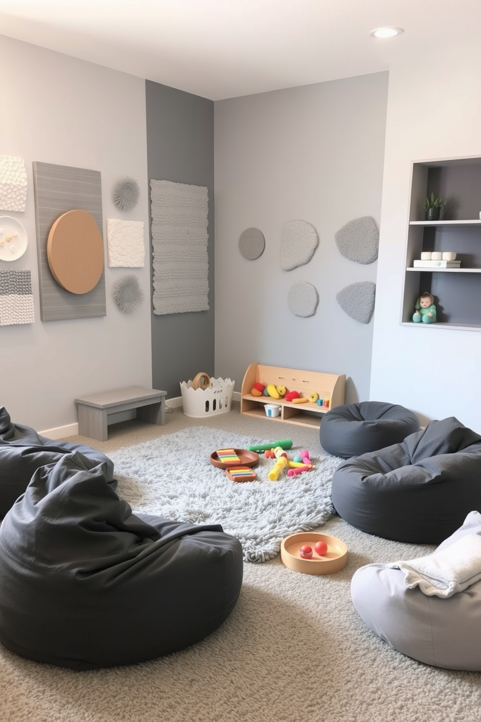 A serene gray sensory play area designed for children. The walls are adorned with soft gray tones and various textured wall panels to stimulate tactile exploration. In the center, a plush gray rug invites play, surrounded by an array of sensory toys and materials. Cozy bean bags in various shades of gray provide comfortable seating for kids and caregivers alike.