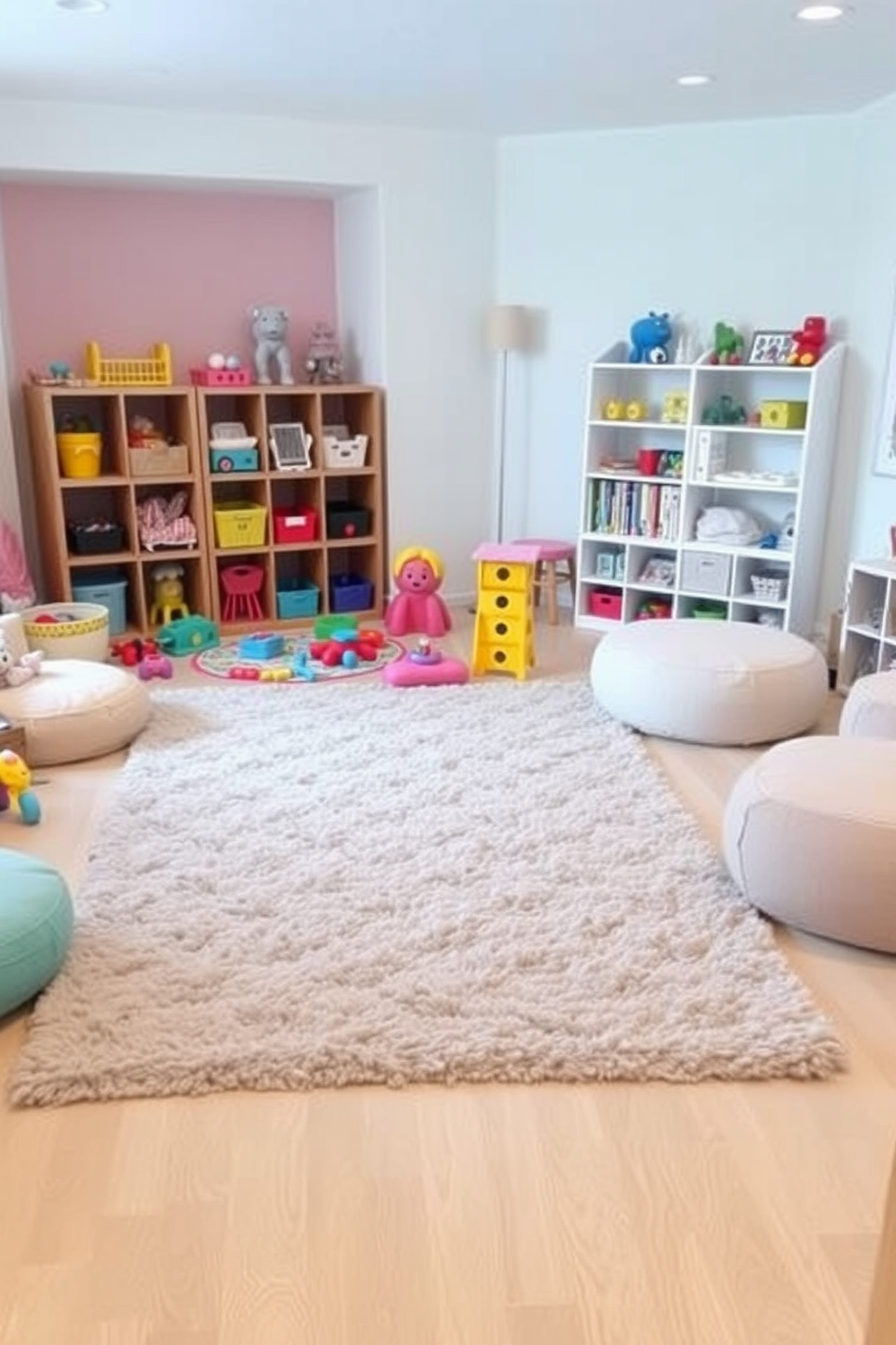 A soft gray area rug is centered in a playful playroom filled with colorful toys and plush seating. The walls are painted in a light pastel hue, creating a cheerful and inviting atmosphere for children to explore and play.