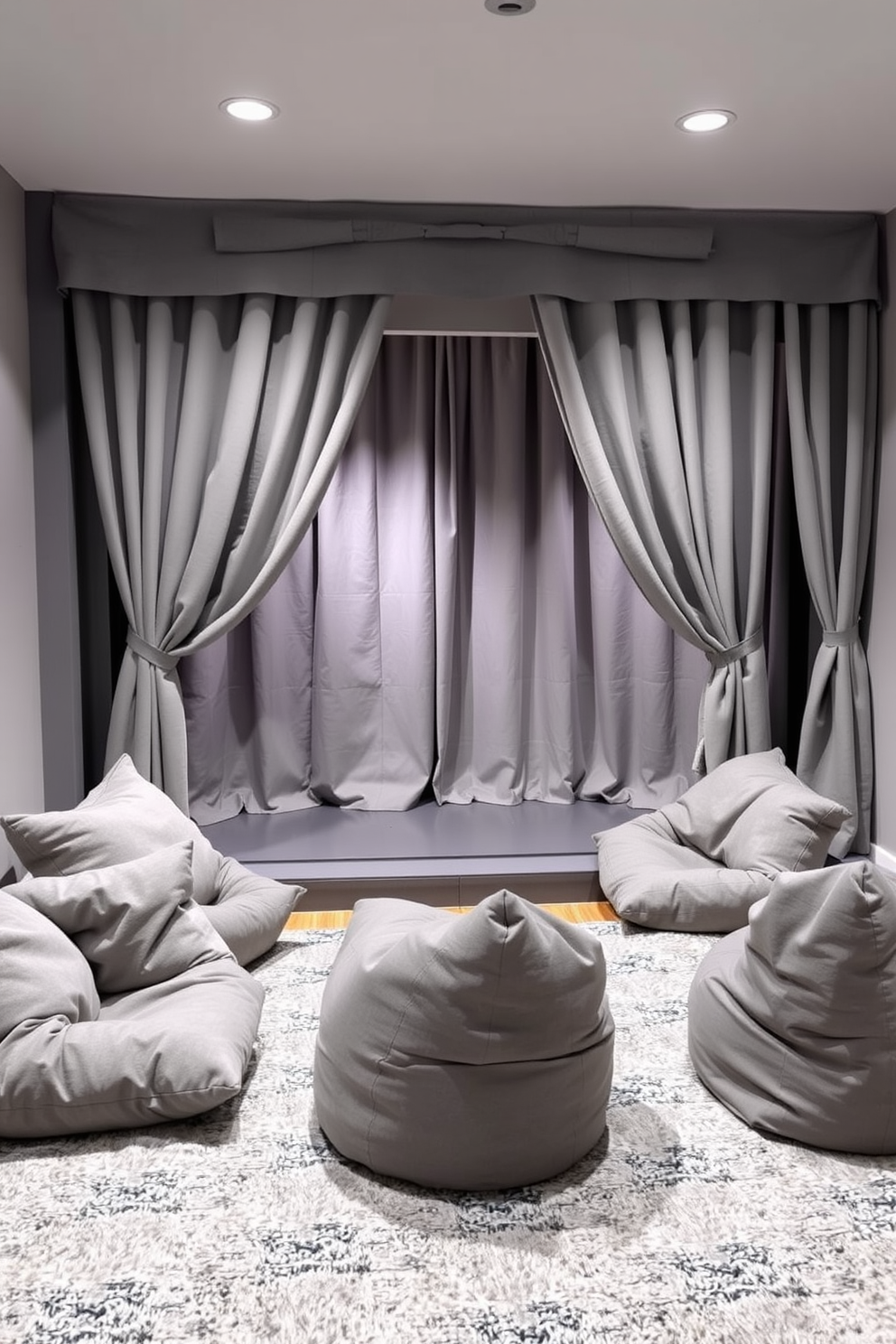 A gray-themed puppet theater for performances featuring plush gray curtains that frame the stage. The seating area includes soft gray cushions arranged in a semi-circle for an intimate viewing experience. Gray playroom design ideas with walls painted in a light gray hue to create a calming atmosphere. The room is furnished with gray bean bags and a large gray rug, providing a cozy space for play and creativity.