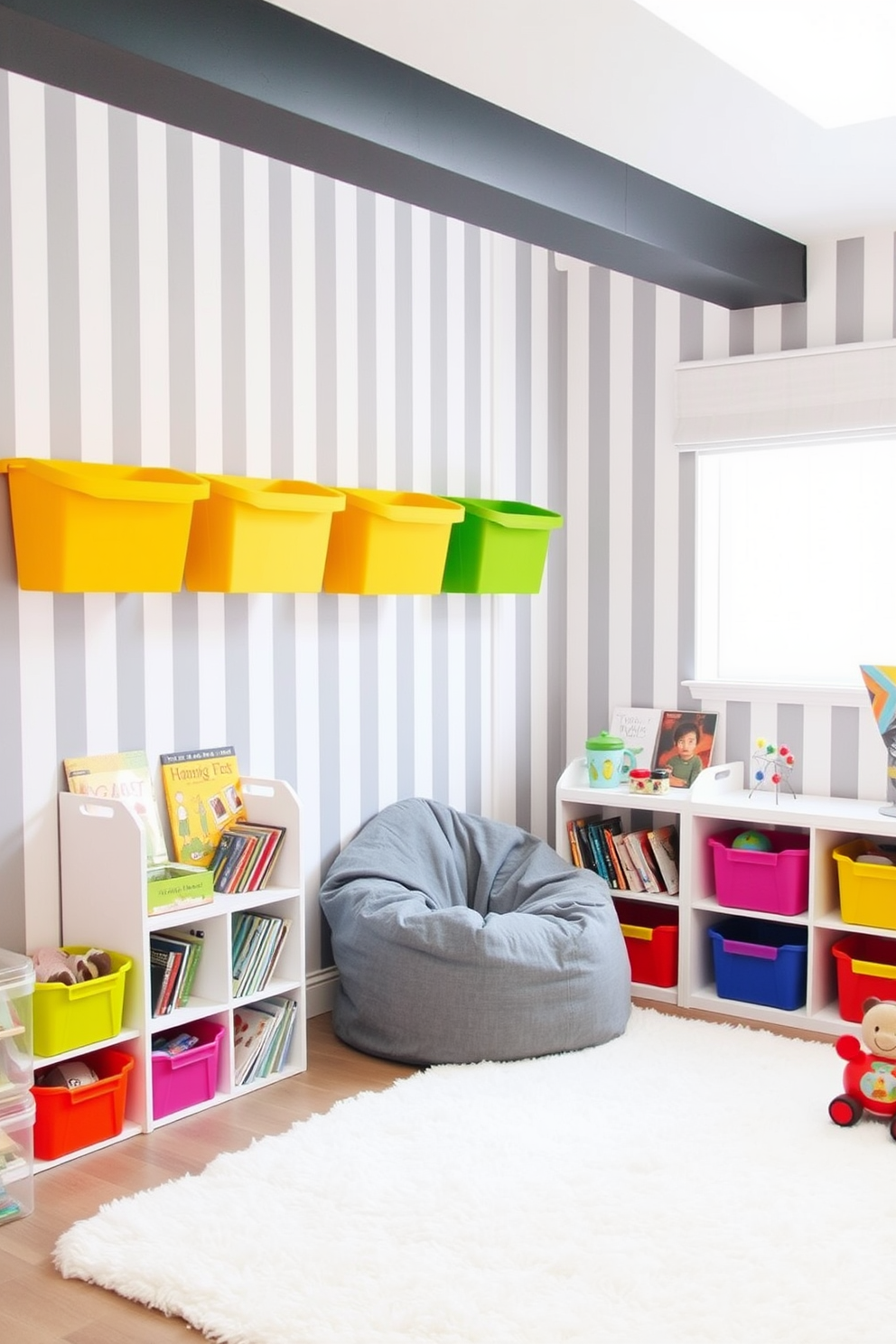 A playful gray and white striped wallpaper adorns the walls, creating a fresh and modern atmosphere. The room features a cozy reading nook with a plush gray bean bag and a small white bookshelf filled with colorful children's books. The playroom is equipped with a soft white rug that provides a comfortable area for play. Brightly colored bins are organized along one wall, offering easy storage for toys and games while adding a cheerful touch to the space.