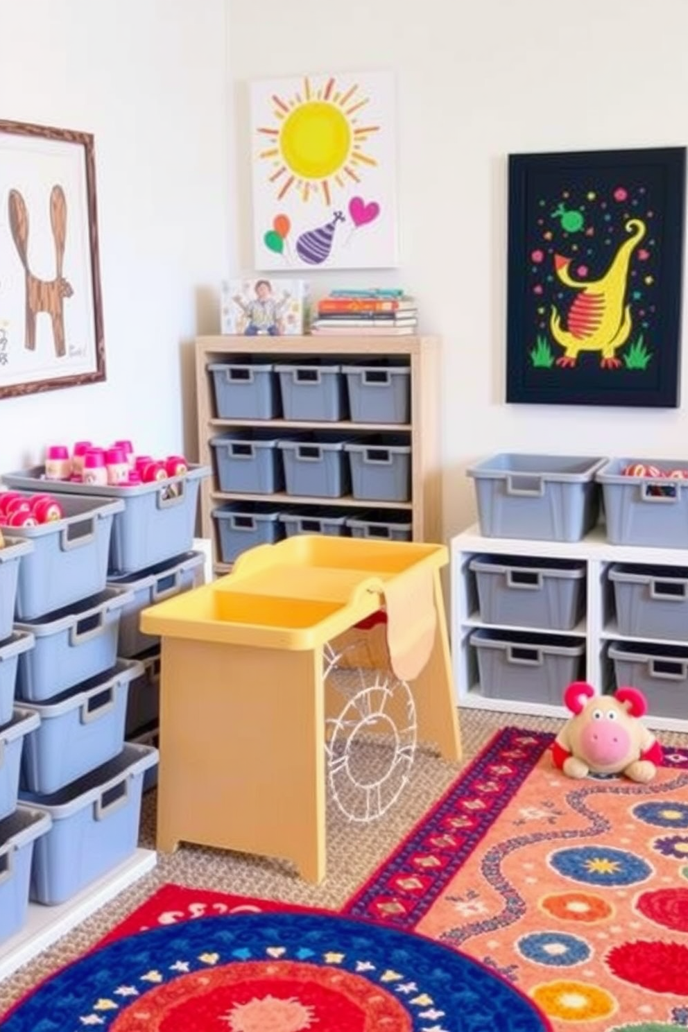 A playful and organized playroom filled with gray storage bins for easy organization. The walls are painted in a soft neutral tone, complemented by colorful rugs and playful artwork that adds a cheerful atmosphere.