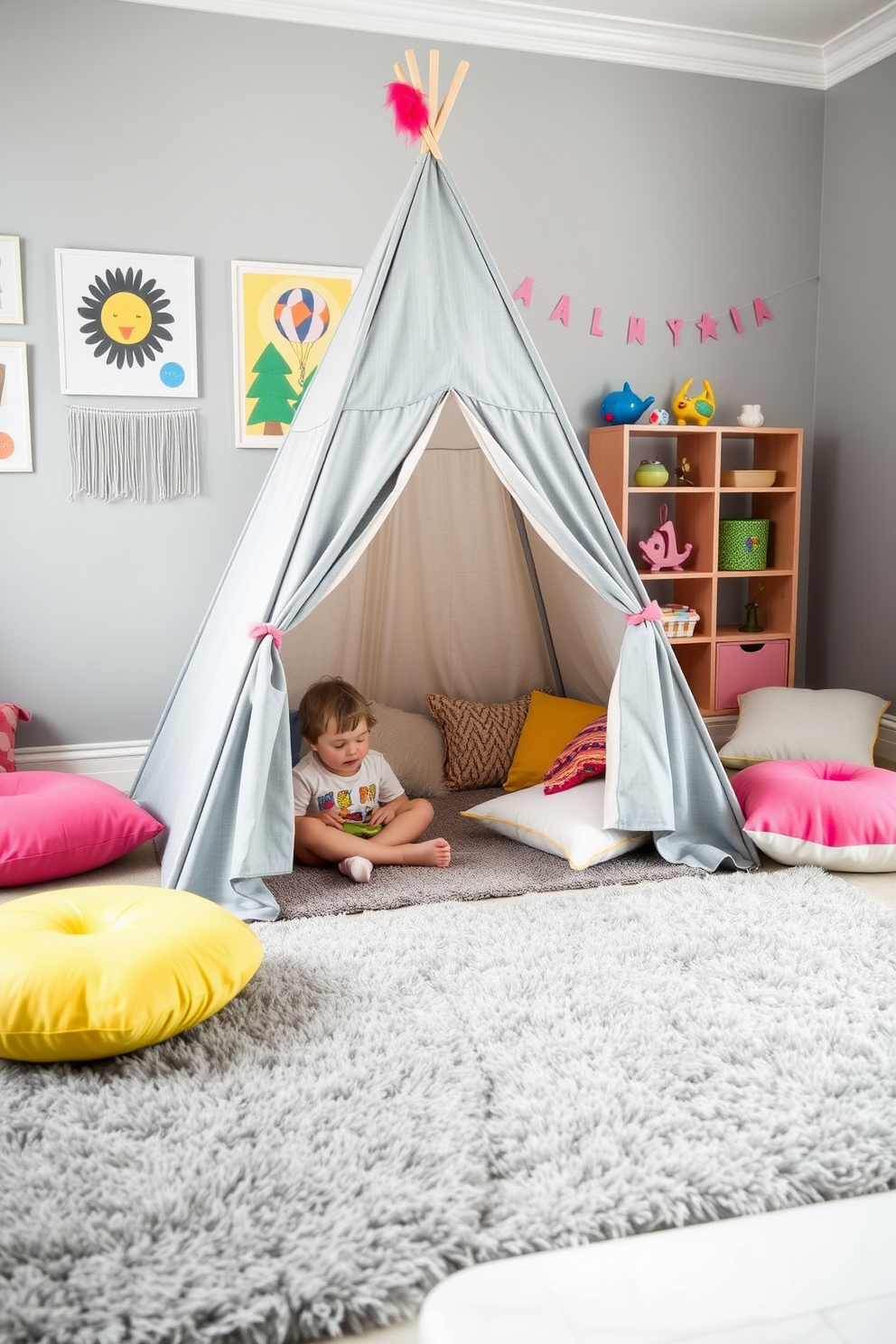 A playful gray tent is set up in a bright playroom, inviting children to engage in imaginative play. The walls are painted in a soft gray hue, complemented by colorful artwork and playful decor that spark creativity. Soft, plush rugs in various shades of gray cover the floor, providing a cozy area for play. Brightly colored cushions are scattered around the tent, creating a comfortable and inviting space for children to relax and explore their imaginations.