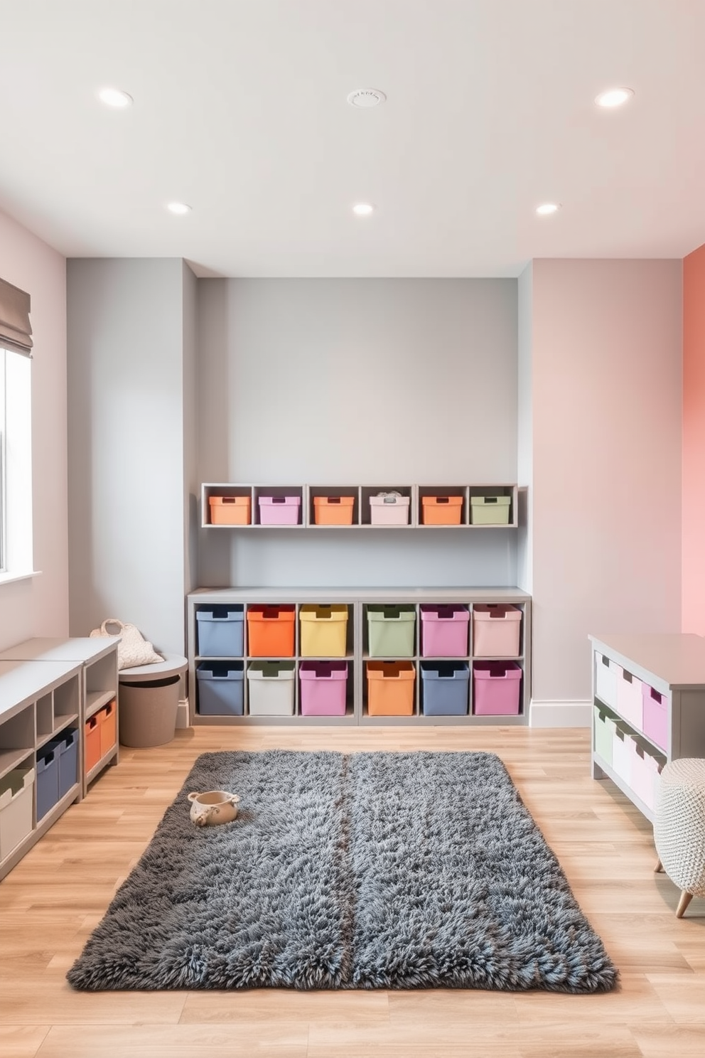 A modern playroom with a gray and pastel color scheme. The walls are painted in a soft pastel hue, while the furniture features various shades of gray, creating a calming atmosphere. In the center, there is a plush gray rug that adds warmth to the space. Colorful storage bins in pastel shades are neatly arranged, providing both organization and a playful touch.