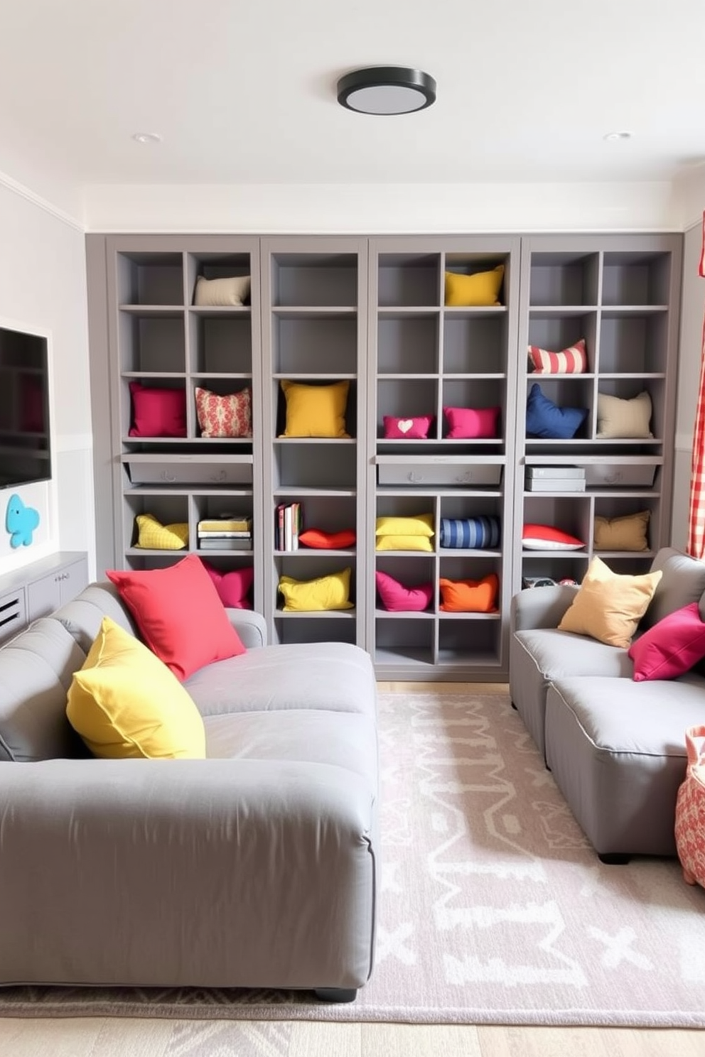 A playful gray playroom featuring soft gray furniture adorned with bright colorful cushions in various shapes and sizes. The walls are painted in a light pastel hue, and a large area rug with playful patterns covers the floor, creating a cozy and inviting atmosphere.