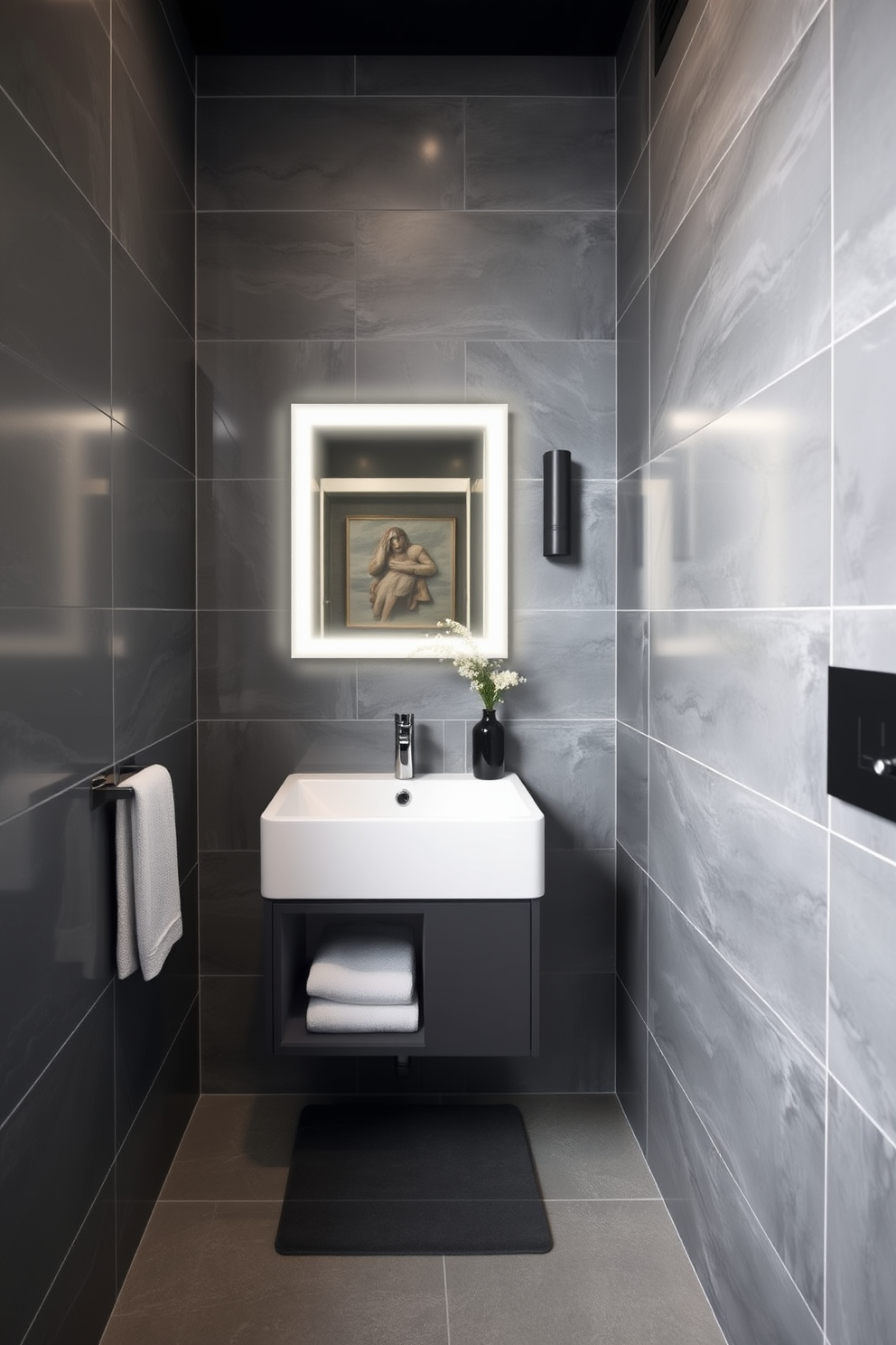 A sleek gray powder room features large gray tiles with subtle white accents that create a modern and elegant atmosphere. The walls are adorned with minimalist decor, and a stylish floating vanity complements the sophisticated design.