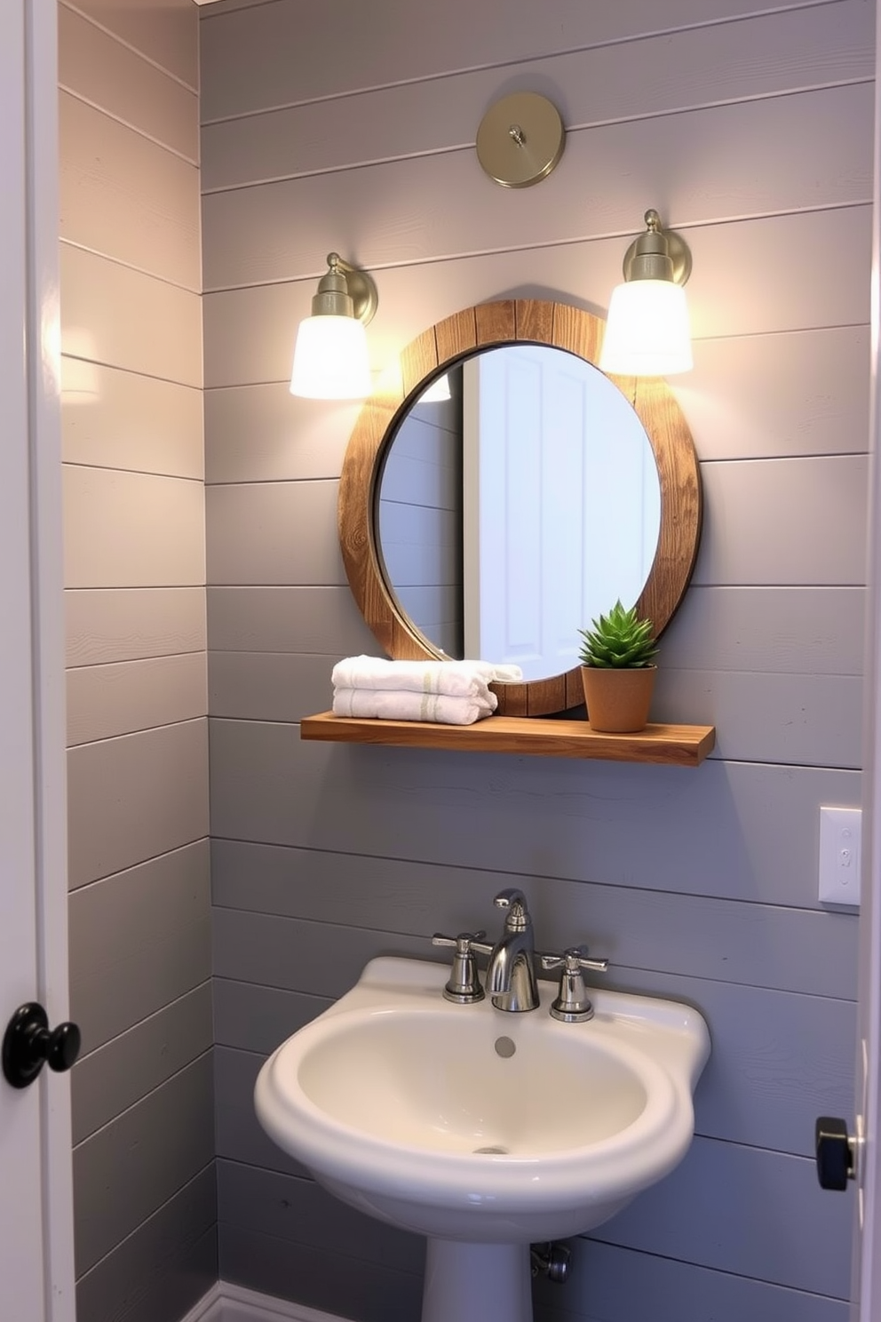 A cozy powder room featuring gray shiplap walls that exude rustic charm. The space includes a vintage pedestal sink with a polished chrome faucet and a round mirror framed in reclaimed wood. Soft lighting fixtures with a warm glow are mounted on either side of the mirror. A small wooden shelf displays neatly folded towels and a potted plant, adding a touch of greenery to the design.