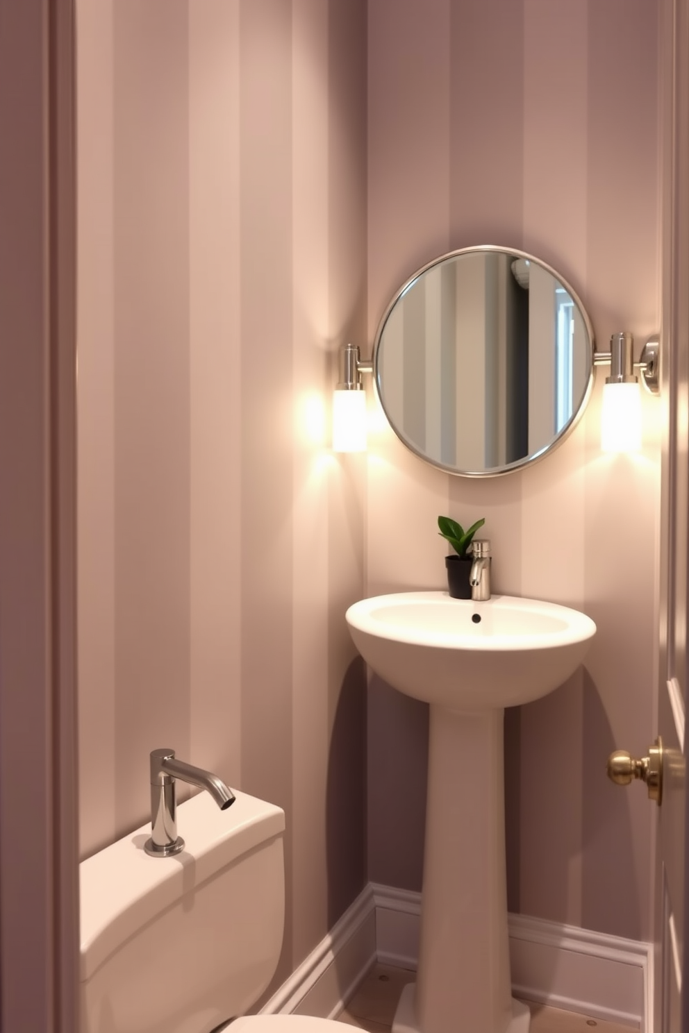 A chic powder room featuring subtle gray stripes that add visual interest to the walls. The space includes a sleek pedestal sink with a brushed nickel faucet and a round mirror framed in polished chrome. Soft lighting illuminates the room, creating a warm and inviting atmosphere. A small potted plant sits on the windowsill, complementing the overall elegant design.