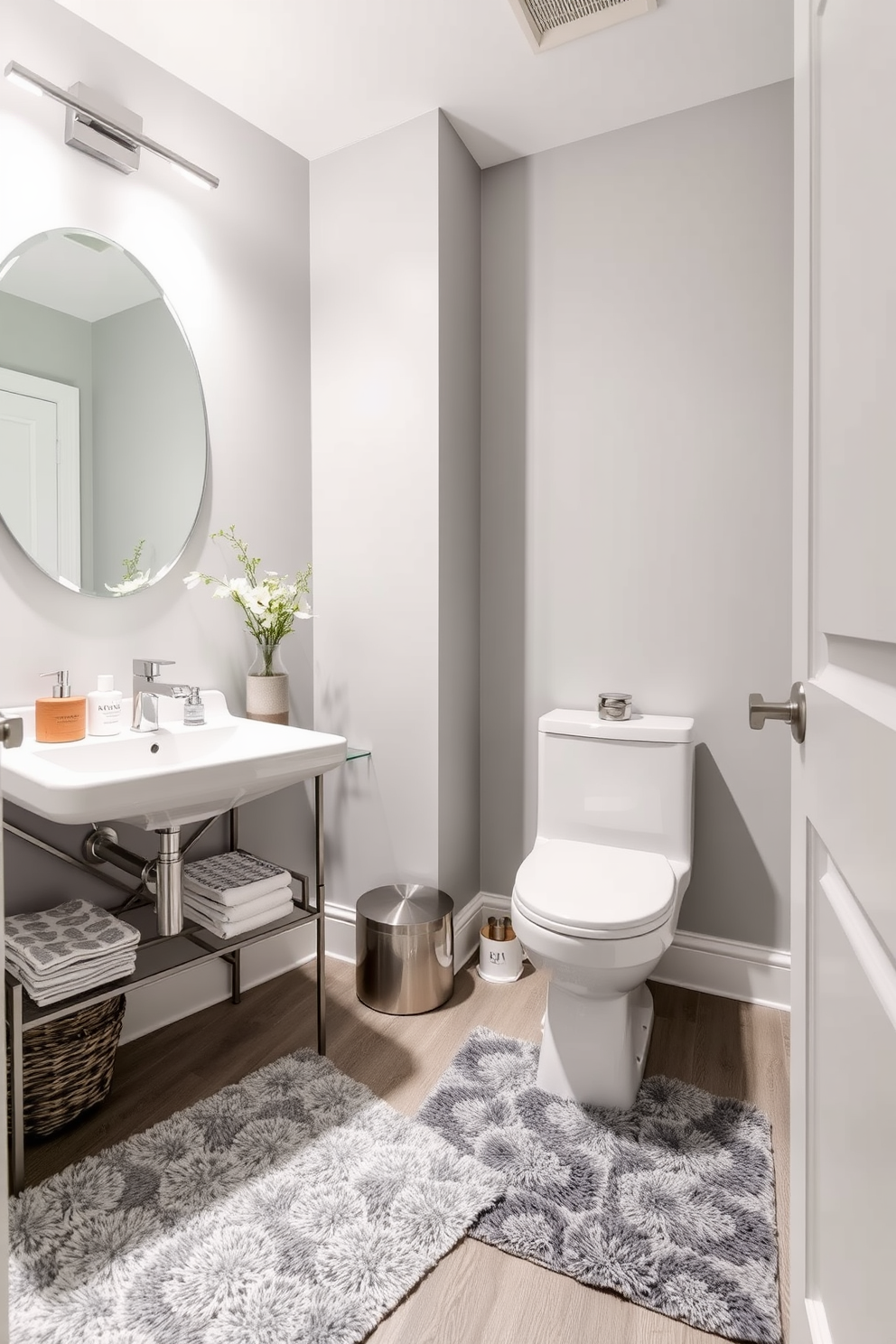 A cozy powder room featuring soft gray rugs that add warmth to the space. The walls are painted in a light gray hue, complemented by sleek white fixtures and modern lighting.