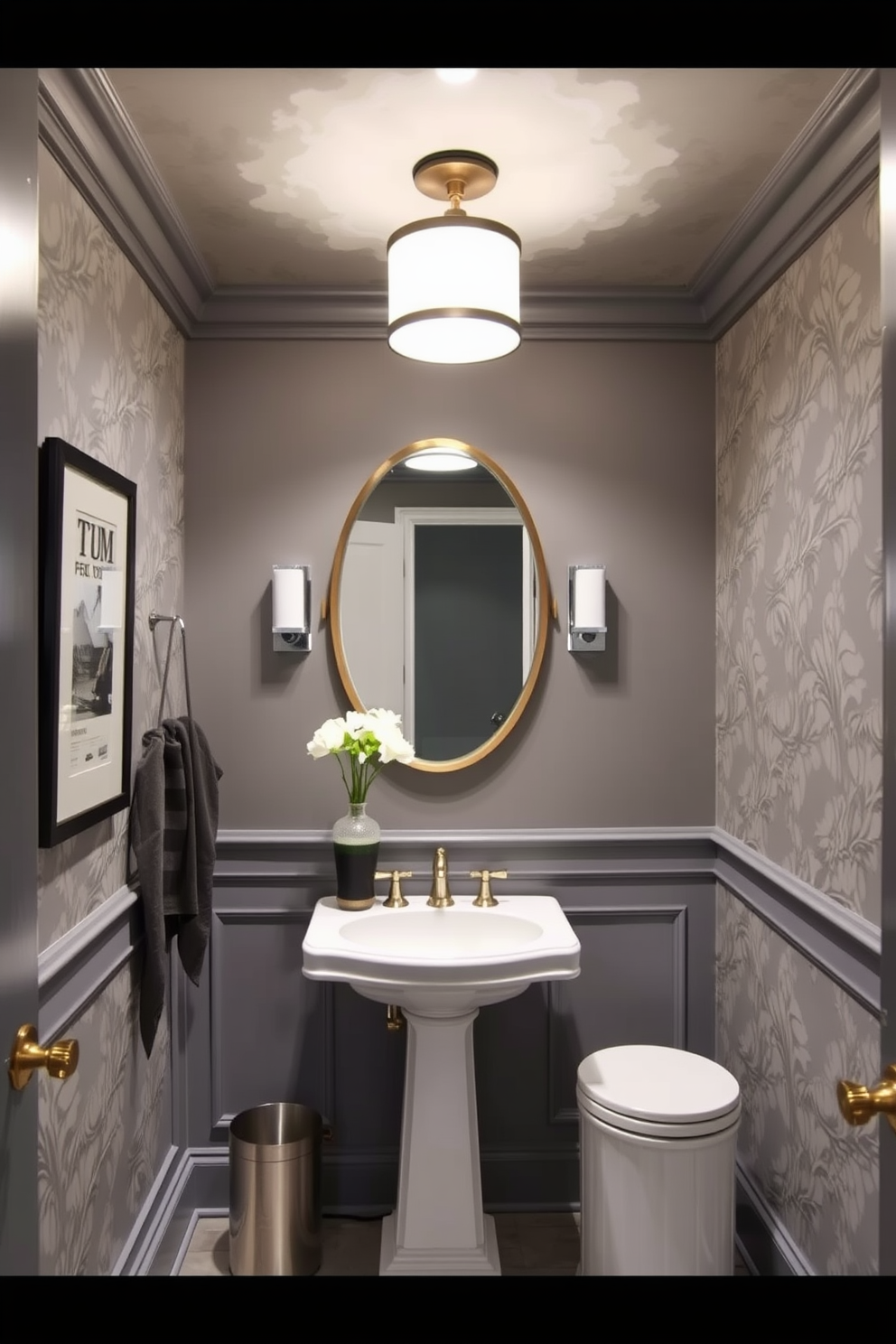 A stylish gray powder room featuring a painted ceiling that adds a unique touch to the space. The walls are adorned with elegant wallpaper that complements the gray tones, creating a cohesive and sophisticated atmosphere.