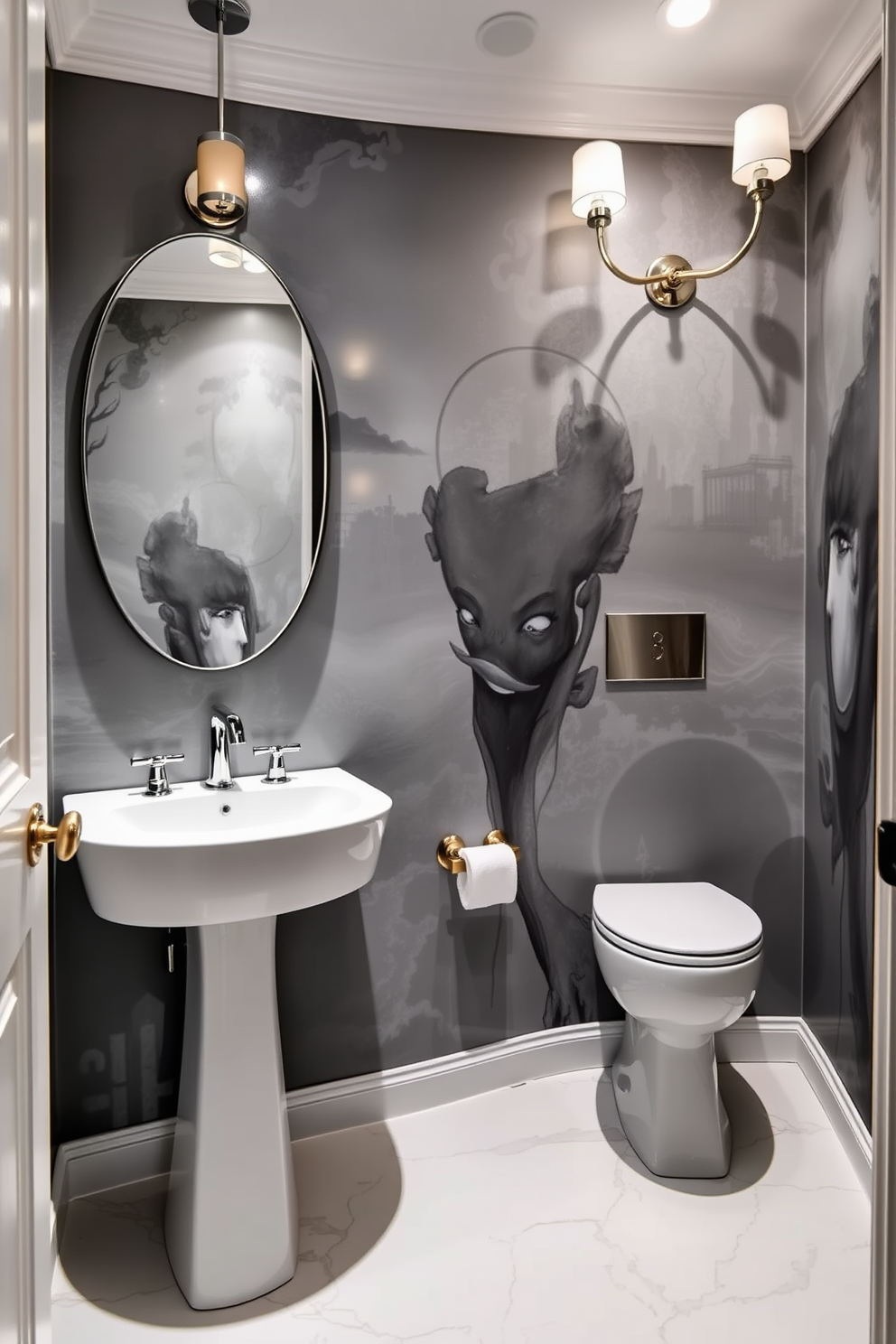 Artistic gray murals adorn the walls of a stylish powder room, creating a dramatic and sophisticated atmosphere. The space features a sleek pedestal sink and a modern toilet, complemented by elegant lighting fixtures that enhance the artistic elements.