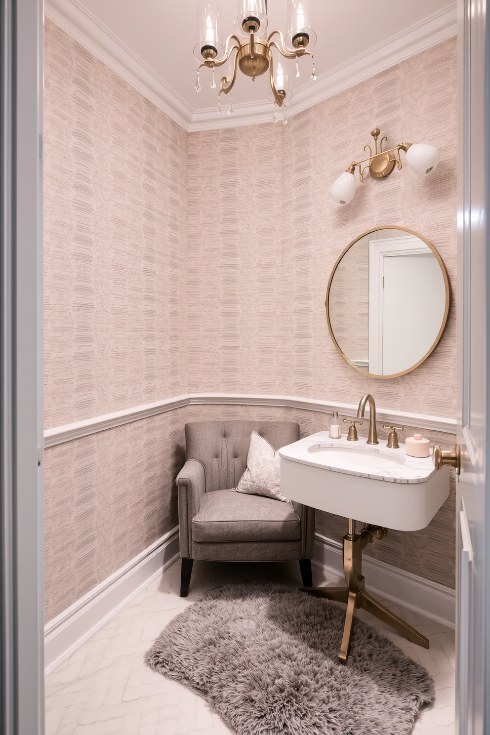 A cozy gray armchair is positioned in the corner of a stylish powder room, providing a perfect spot for relaxation. The walls are adorned with soft gray wallpaper, complementing the elegant lighting fixtures above. The room features a sleek white vanity with a polished marble countertop and a round mirror framed in brushed nickel. A plush gray rug lies beneath the chair, adding warmth to the space while small decorative accents enhance the overall aesthetic.