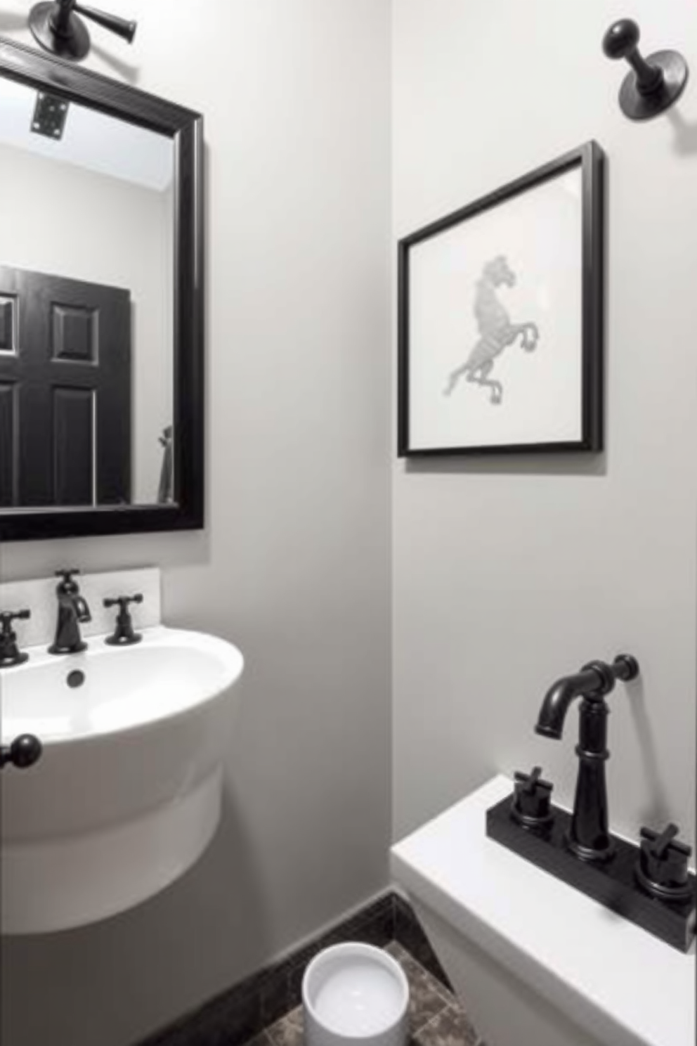 A chic powder room featuring bold black fixtures set against a soft gray backdrop. The walls are painted in a light gray hue, creating a calm and elegant atmosphere while the black fixtures add a striking contrast to the design.