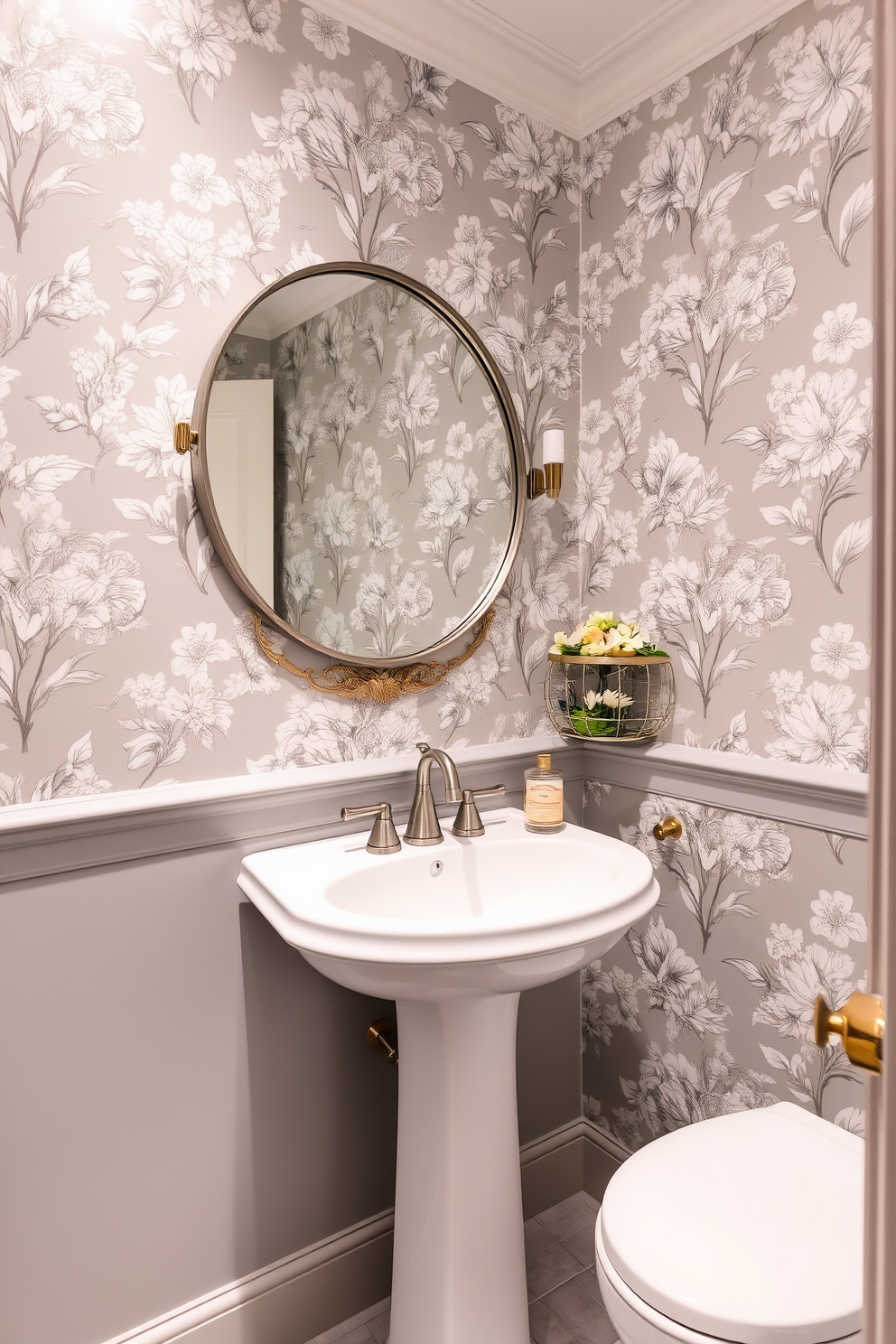 A soft gray powder room featuring elegant floral wallpaper that adds a touch of sophistication. The space includes a sleek white pedestal sink and a round mirror framed in brushed nickel, creating a modern yet inviting atmosphere.