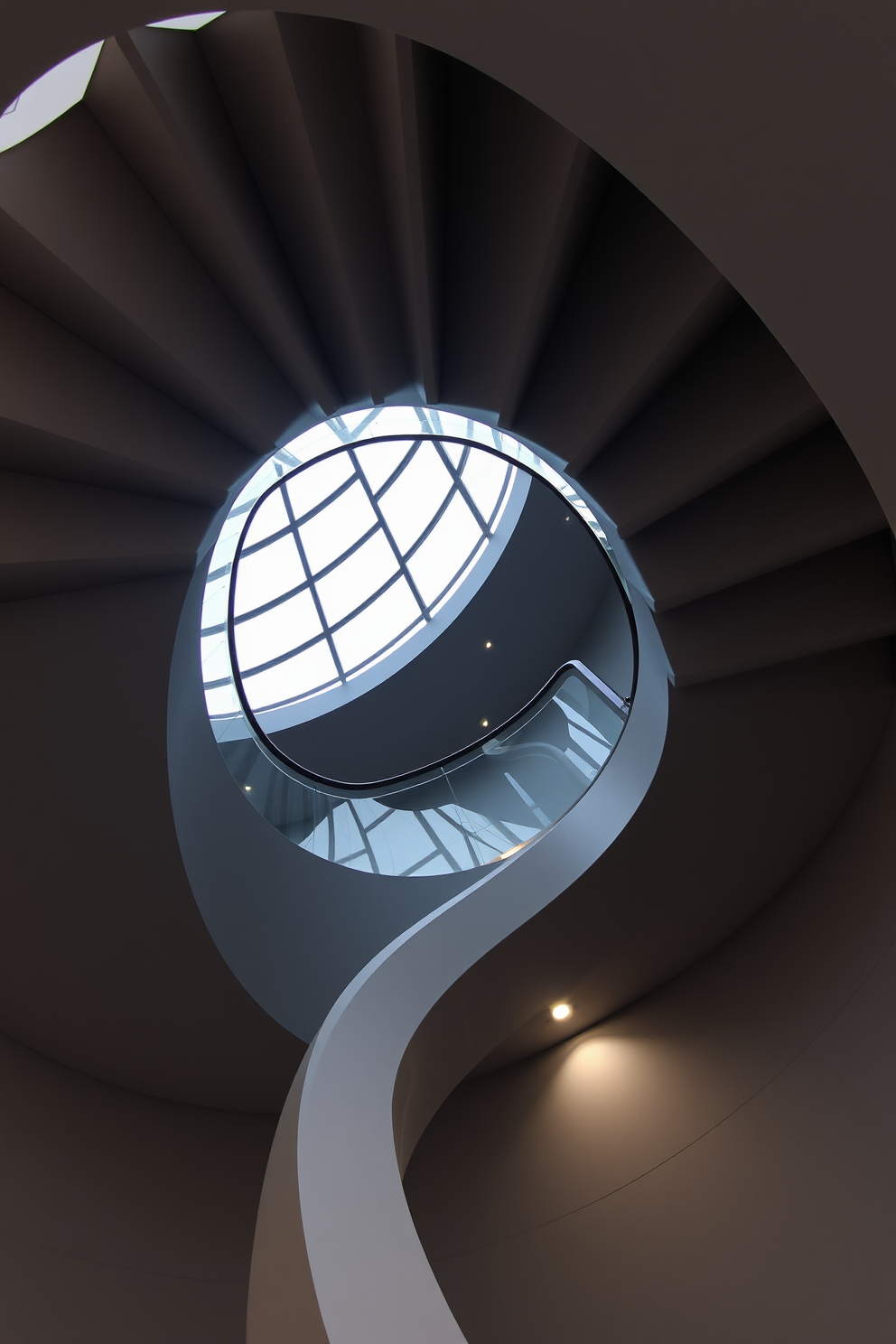 A modern gray spiral staircase elegantly winds upwards, featuring a sleek glass railing that enhances its contemporary appeal. The staircase is complemented by soft ambient lighting that highlights its curves and creates a striking focal point in the space.