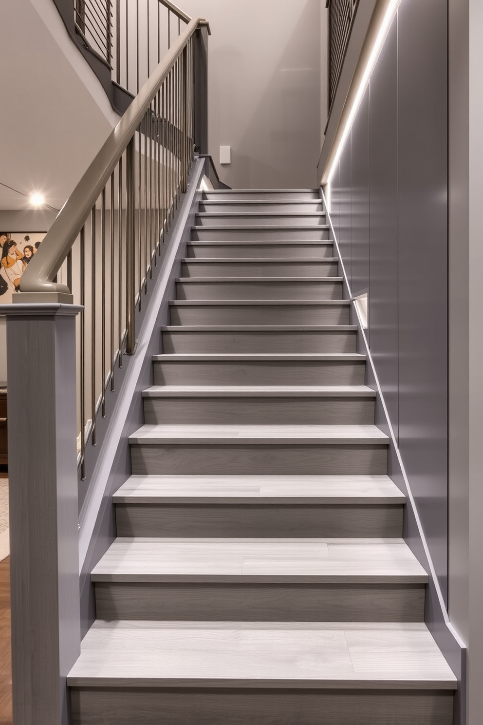 A stunning gray staircase features sleek built-in storage solutions seamlessly integrated into the design. The staircase is adorned with elegant metal railings and soft ambient lighting that highlights the contemporary aesthetic. The steps are finished in a rich gray wood, creating a warm and inviting atmosphere. Each storage compartment is cleverly concealed, providing a functional yet stylish element to the overall look.