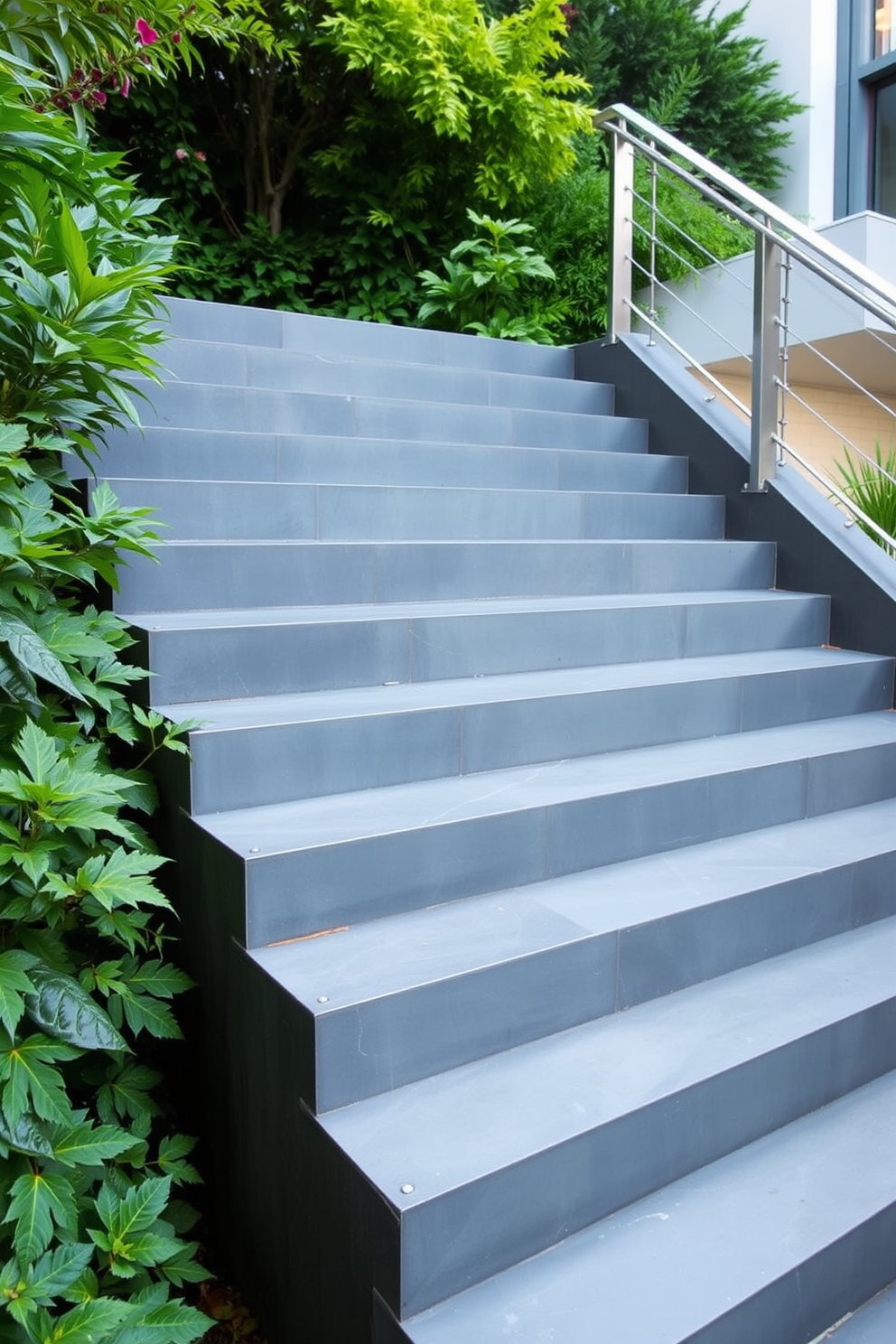 Cascading gray stairs gracefully descend, surrounded by vibrant lush greenery that creates a serene atmosphere. The staircase features a sleek modern design with smooth gray stone steps, complemented by elegant metal railings that enhance its contemporary appeal.