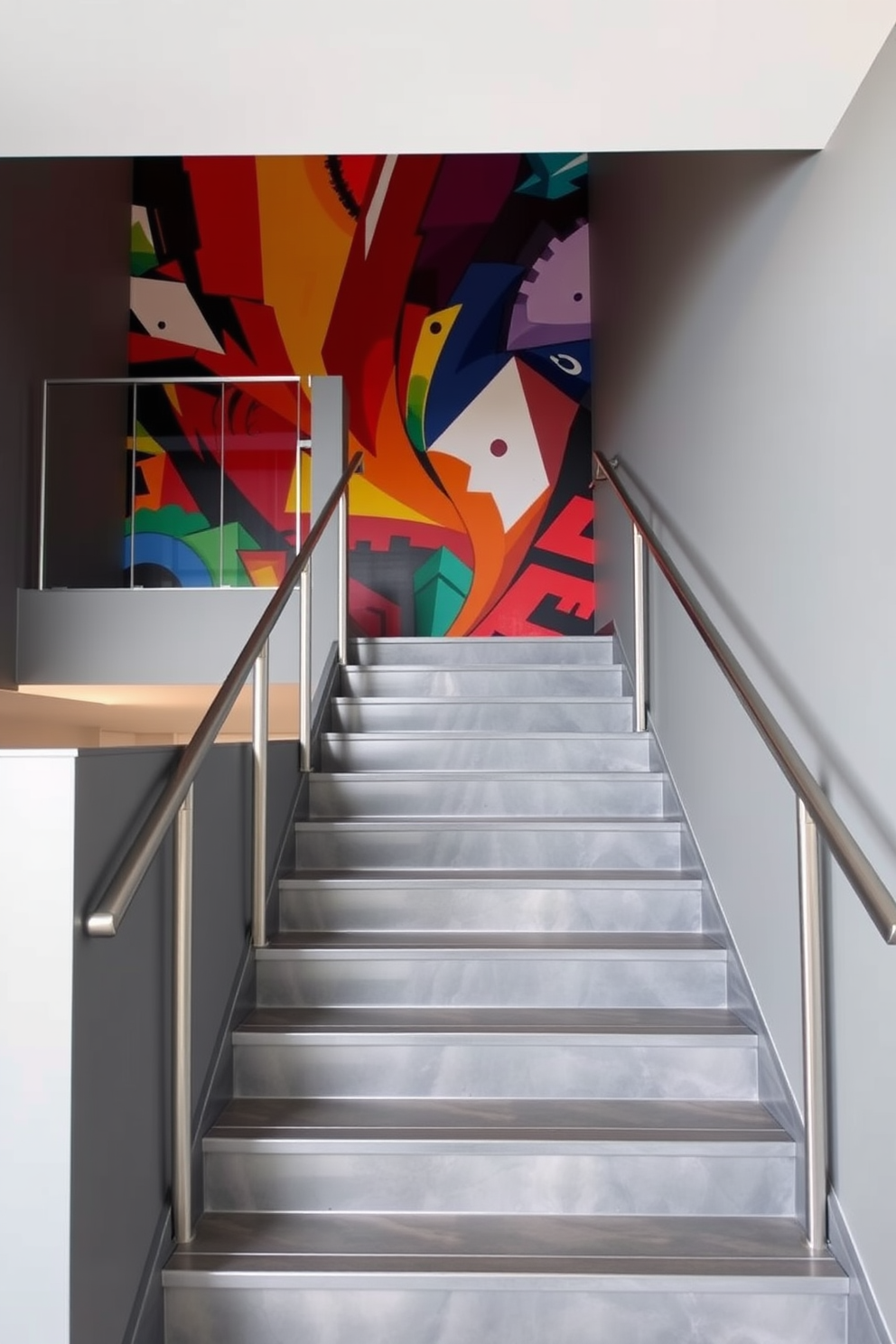 A modern gray staircase features a stunning artistic mural that adds a vibrant touch to the space. The staircase is framed by sleek metal railings, creating a striking contrast against the mural's bold colors.