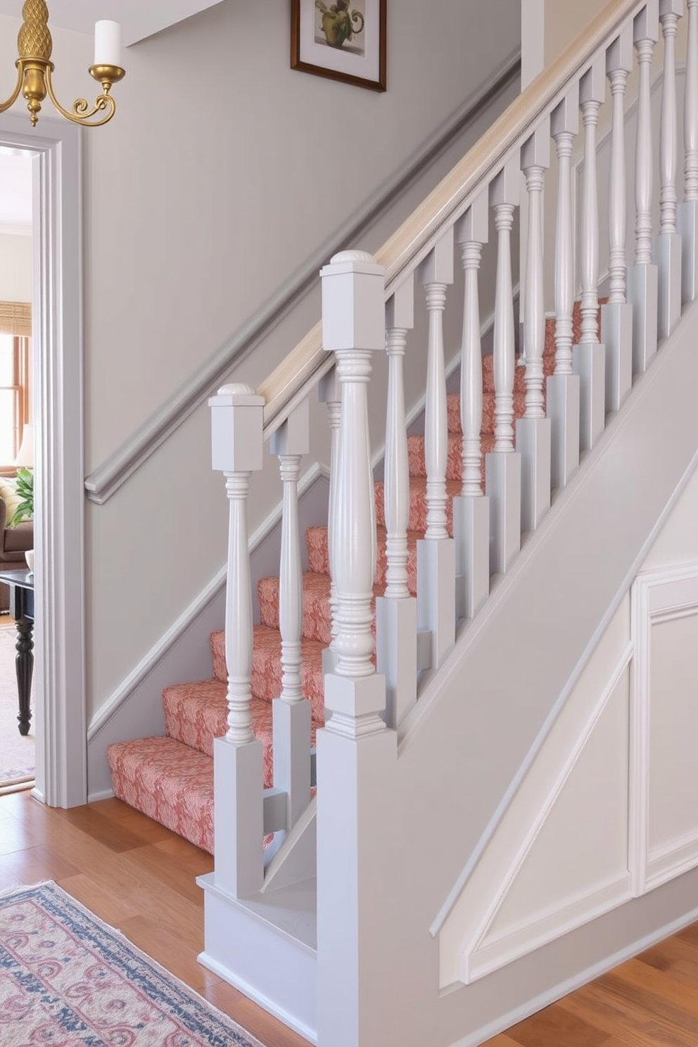 A traditional gray staircase features classic spindles that add elegance and charm to the space. The soft gray color complements the surrounding decor while providing a timeless appeal.