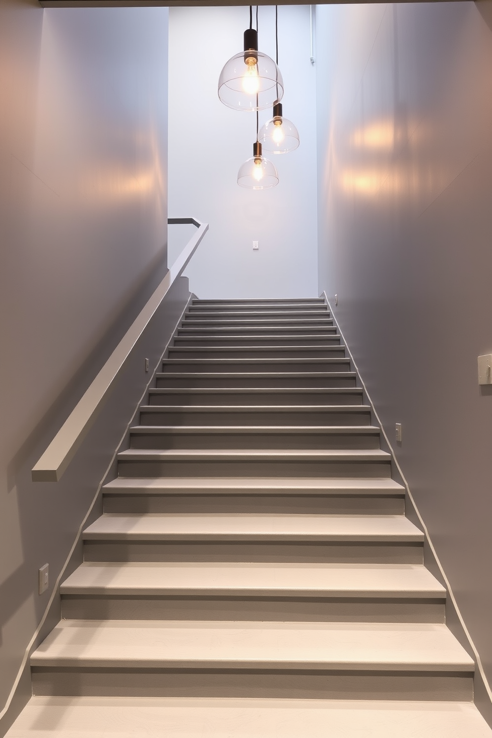 Chic gray staircase with modern lighting fixtures. The staircase features sleek gray steps with a minimalist railing, illuminated by contemporary pendant lights that create a warm ambiance.