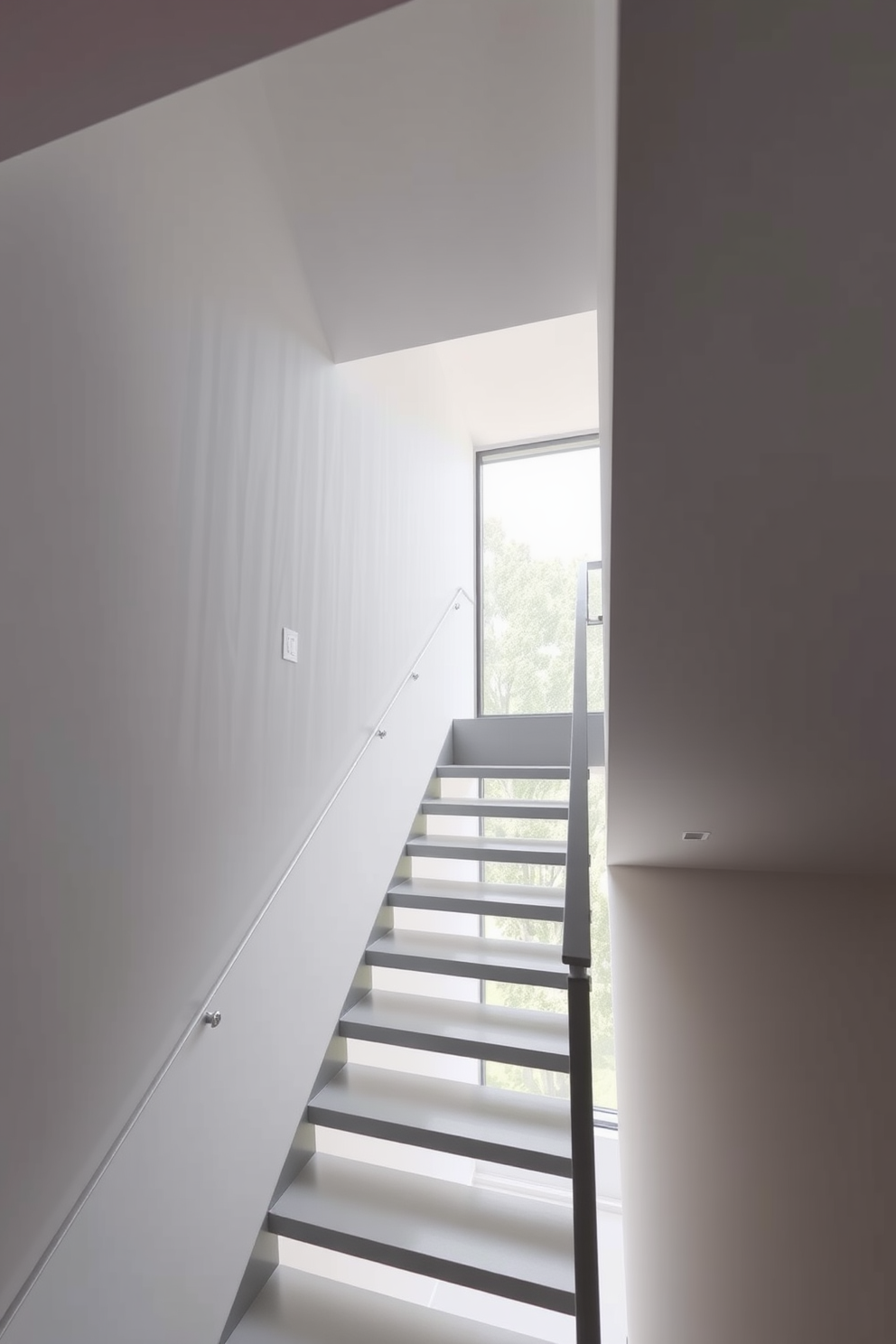 Open riser gray staircase with sleek lines and a minimalist design that enhances the airy feel of the space. The staircase features a modern railing made of glass, allowing light to flow freely and creating an open atmosphere.