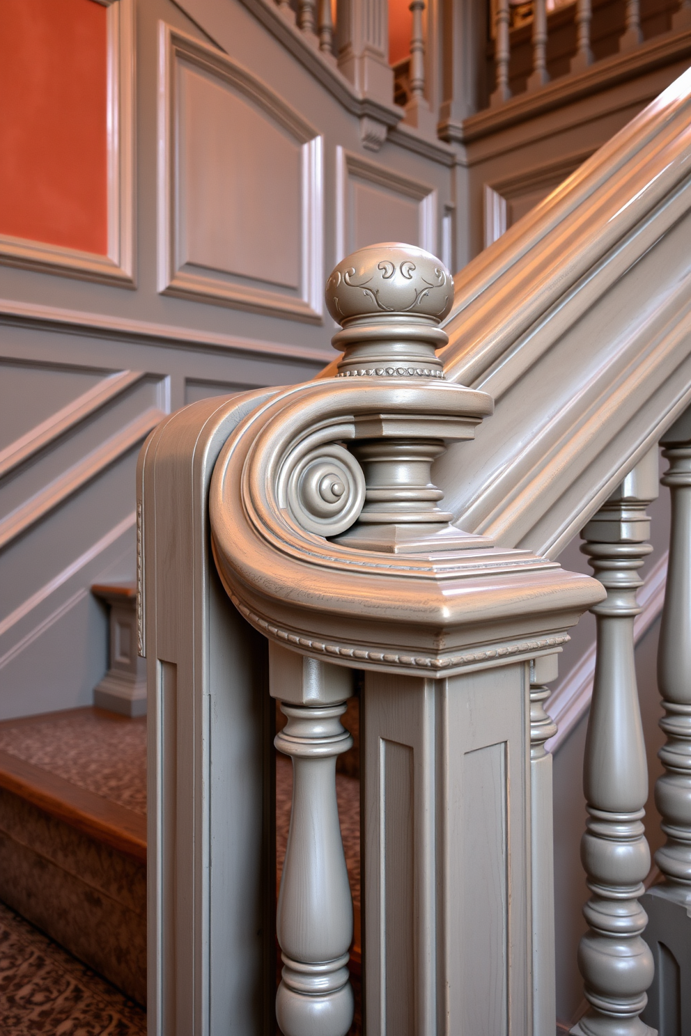 A vintage gray staircase with ornate details showcases intricate woodwork and a polished finish. The banister features elegant curves and carved accents, adding a touch of sophistication to the overall design.