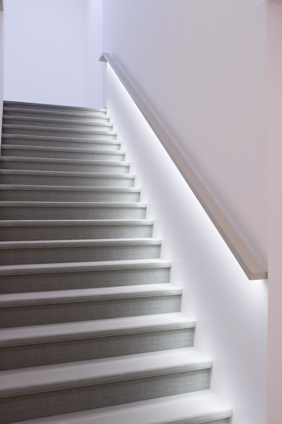 A sleek gray staircase ascends gracefully, featuring integrated lighting that highlights its modern design. The minimalist handrail complements the staircase's clean lines, creating a seamless flow in the space.