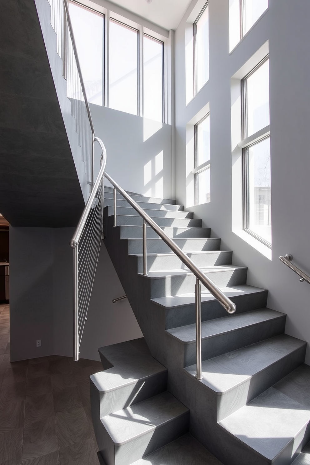 A stunning gray staircase featuring bold geometric design elements that create a modern aesthetic. The staircase is illuminated by natural light streaming through large windows, highlighting the unique shapes and angles of the steps. The handrail is crafted from sleek metal, complementing the gray tones of the staircase. Surrounding the staircase, a minimalist interior design enhances the visual impact of the geometric features.