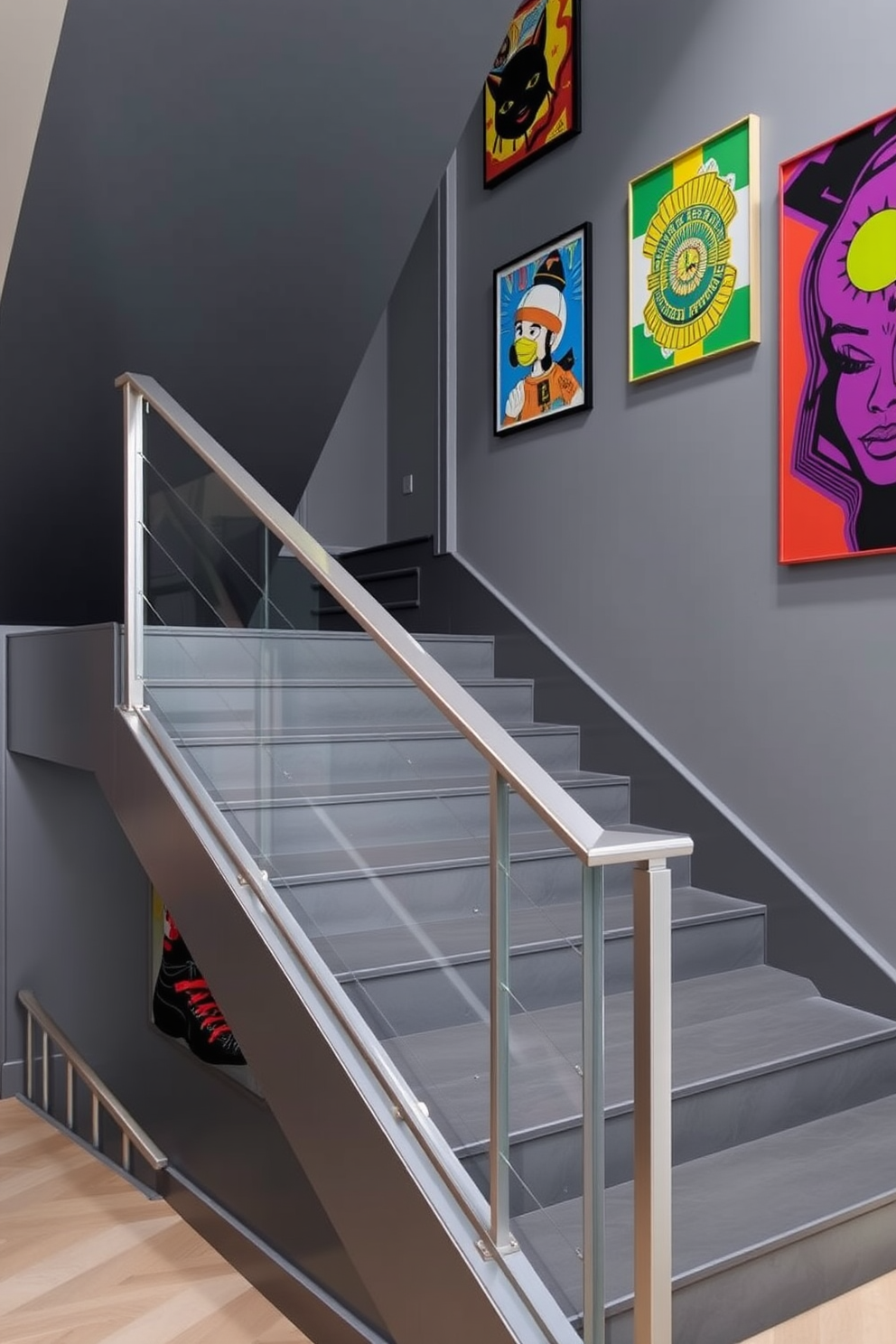 A stunning gray staircase with a sleek modern design featuring a minimalist railing. The walls are adorned with vibrant artwork that adds a pop of color and personality to the space.