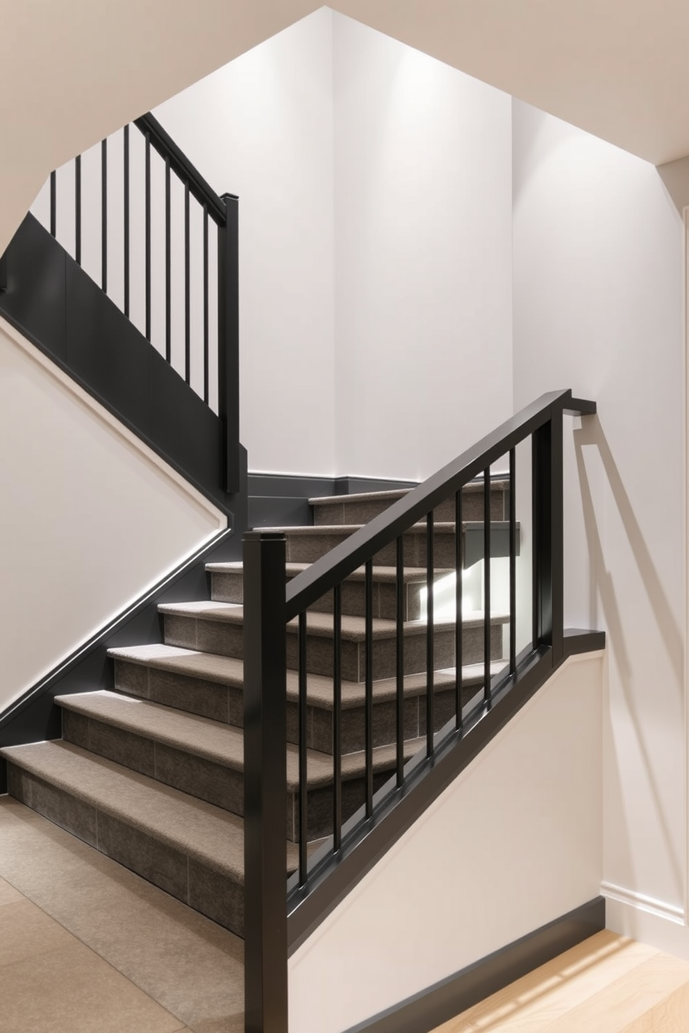 A stylish gray staircase features sleek lines and a modern design that enhances the overall aesthetic of the home. The contrasting railings provide a striking visual element, creating a sophisticated focal point in the entryway. The staircase is adorned with subtle lighting that highlights the texture of the gray steps. Soft shadows play along the walls, adding depth and warmth to the space while inviting guests to ascend.