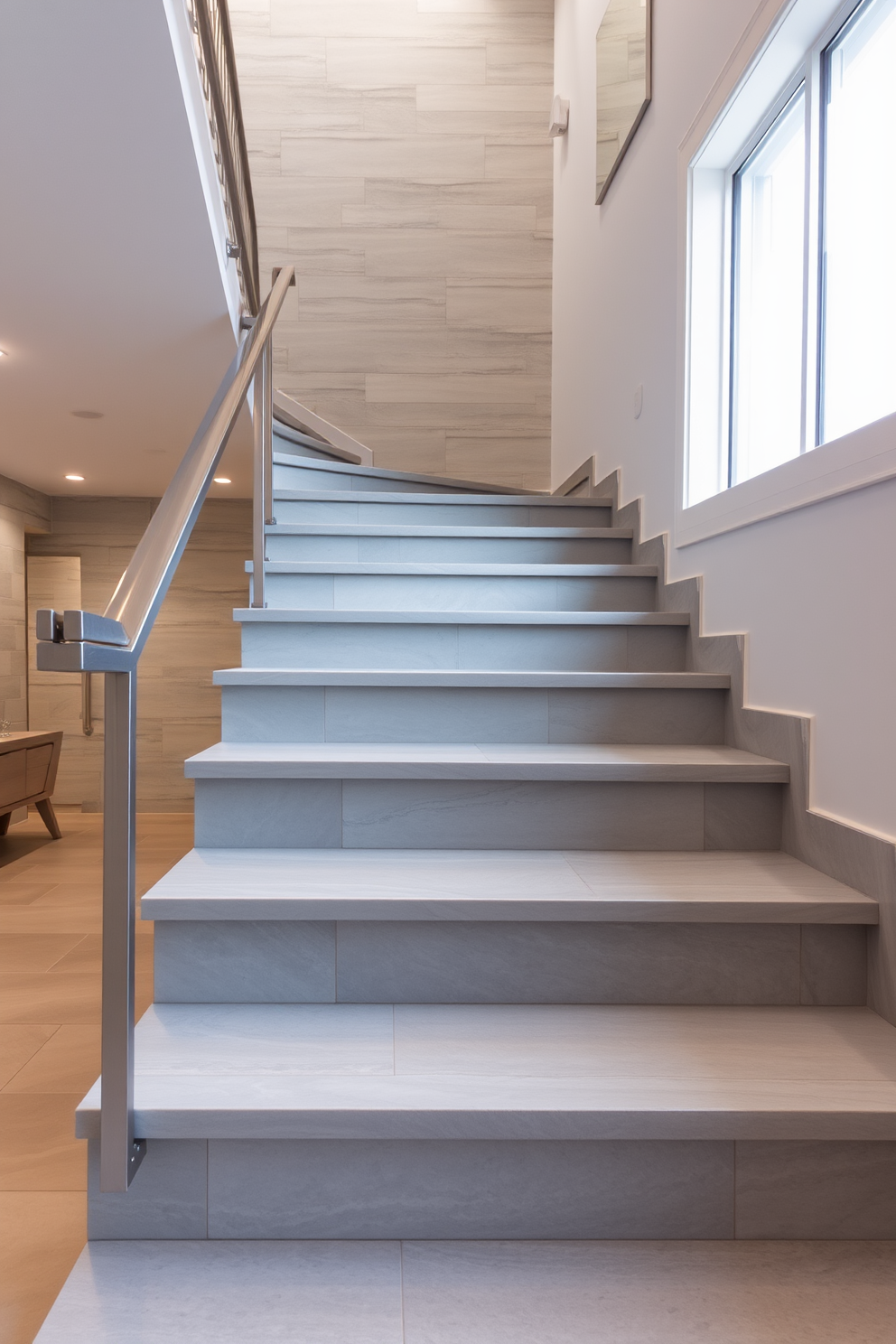 A stunning gray staircase features natural stone finishes that seamlessly blend elegance with durability. The steps are complemented by a sleek metal railing, enhancing the modern aesthetic of the space. The surrounding area is illuminated by soft recessed lighting, casting gentle shadows that highlight the texture of the stone. A large window nearby allows natural light to filter in, creating a warm and inviting atmosphere.