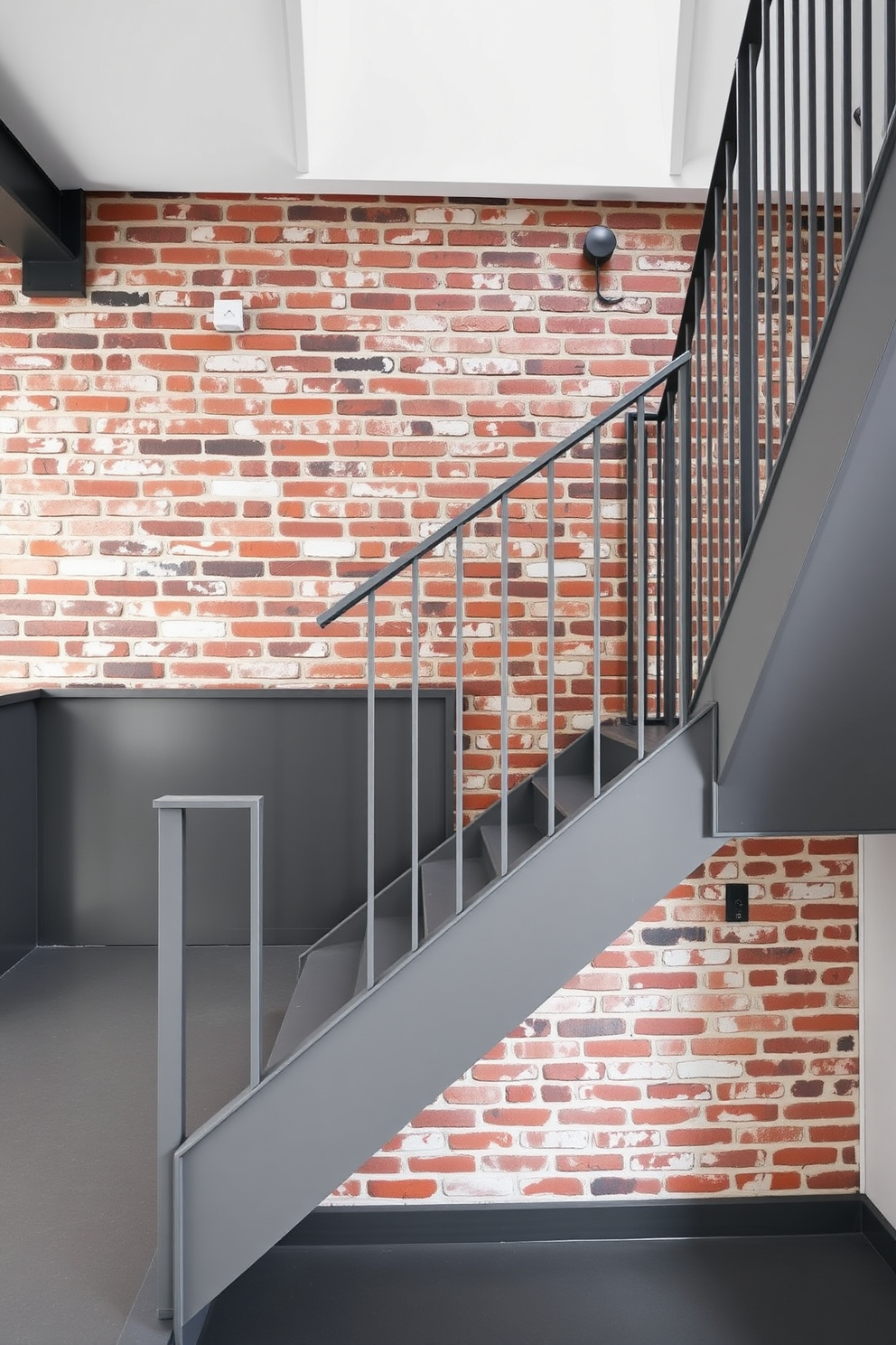 Urban gray staircase with an exposed brick wall. The staircase features sleek metal railings and a minimalist design that complements the industrial aesthetic of the space.