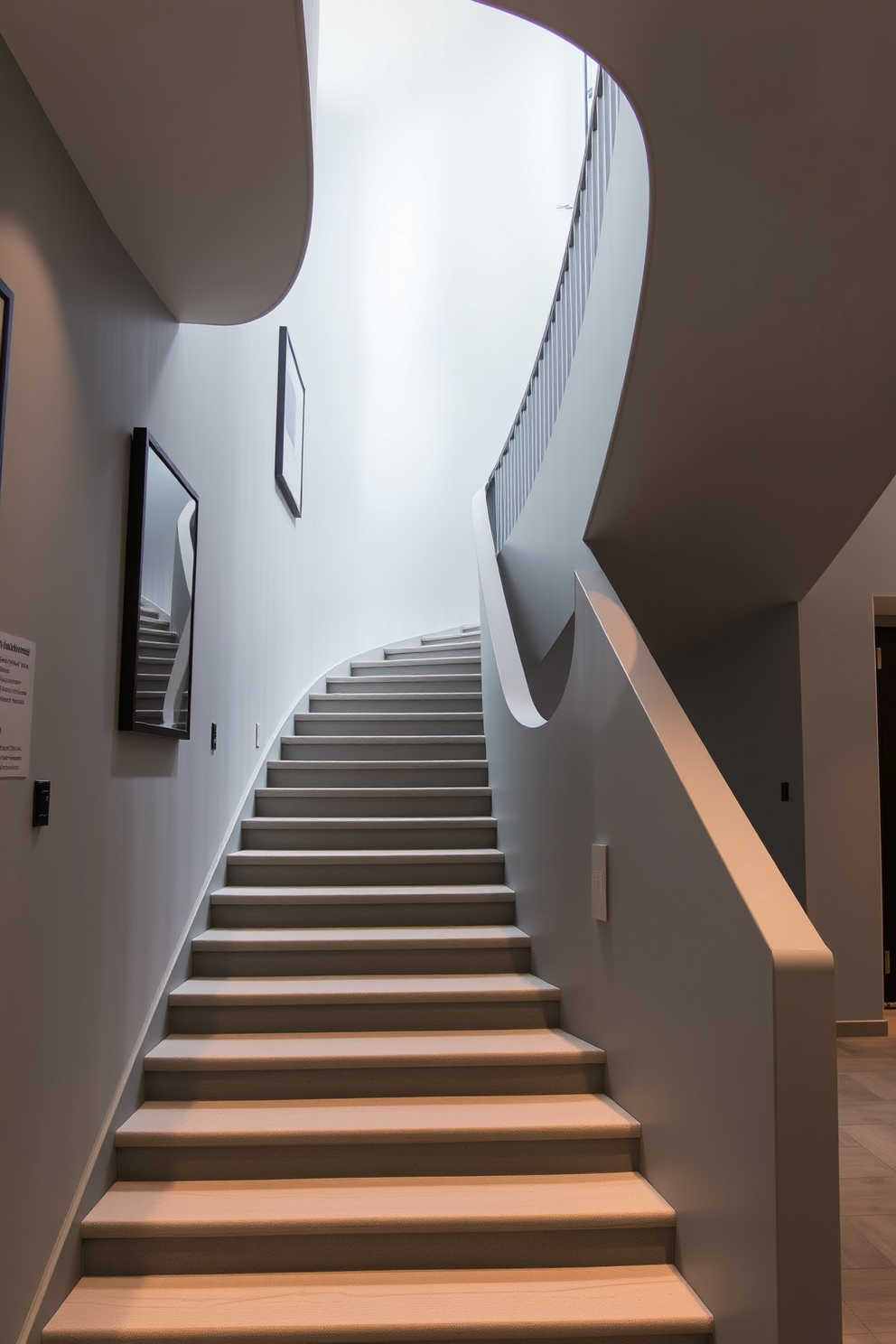 A striking gray staircase with unique architectural shapes draws the eye upward. The staircase features a mix of sleek lines and organic curves, creating an inviting and modern aesthetic. The walls adjacent to the staircase are adorned with minimalist art, enhancing the overall design. Soft lighting highlights the contours of the staircase, adding depth and warmth to the space.