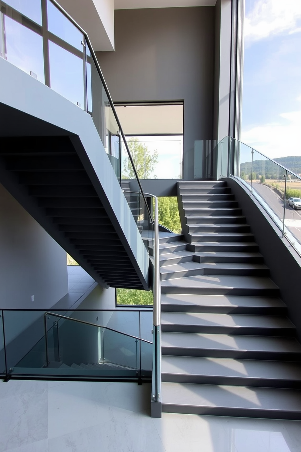 A stunning multilevel gray staircase elegantly ascends through the space, offering panoramic views of the surrounding landscape. The staircase features sleek lines and a modern design, with glass railings that enhance the open feel and allow natural light to flood the area.